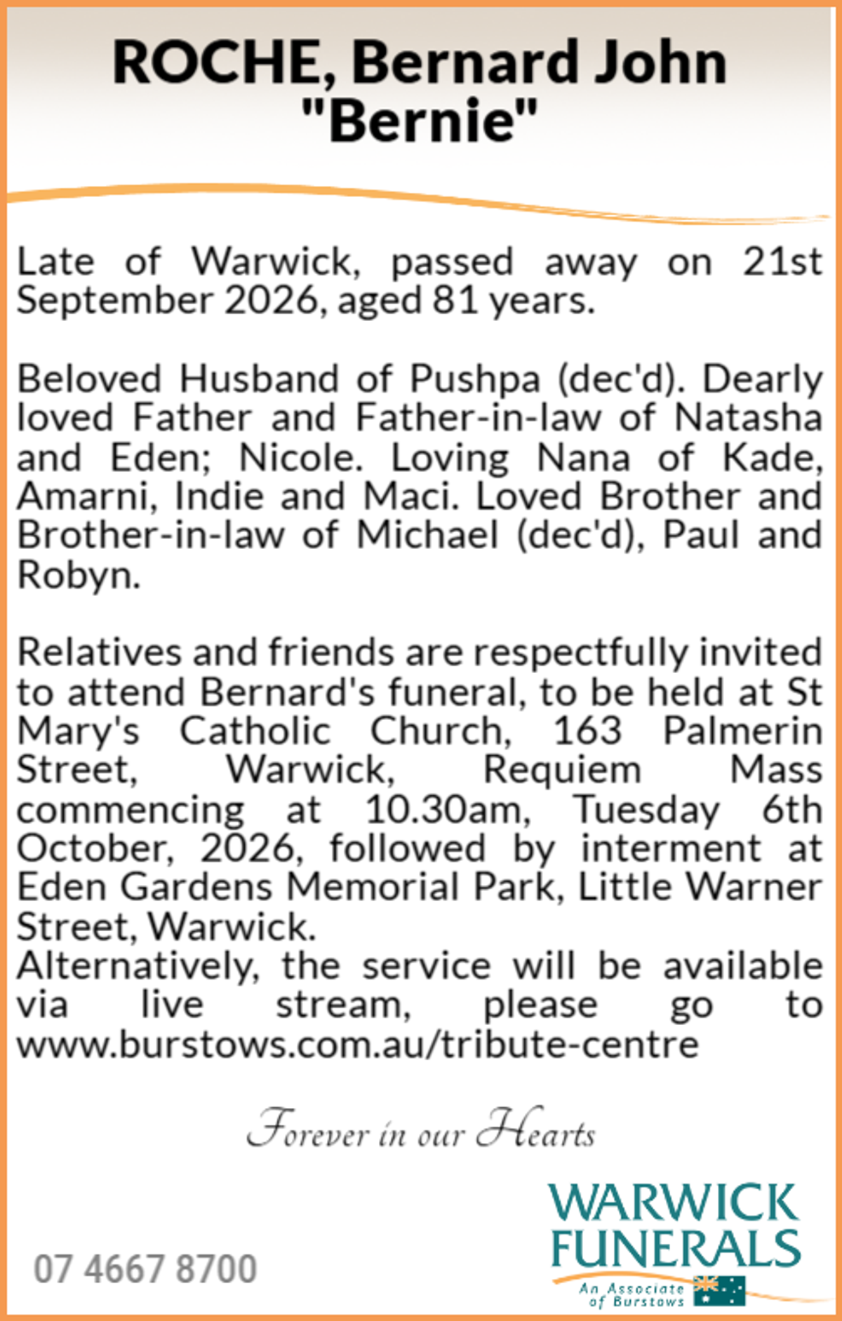 Funeral notice for Bernard John Roche