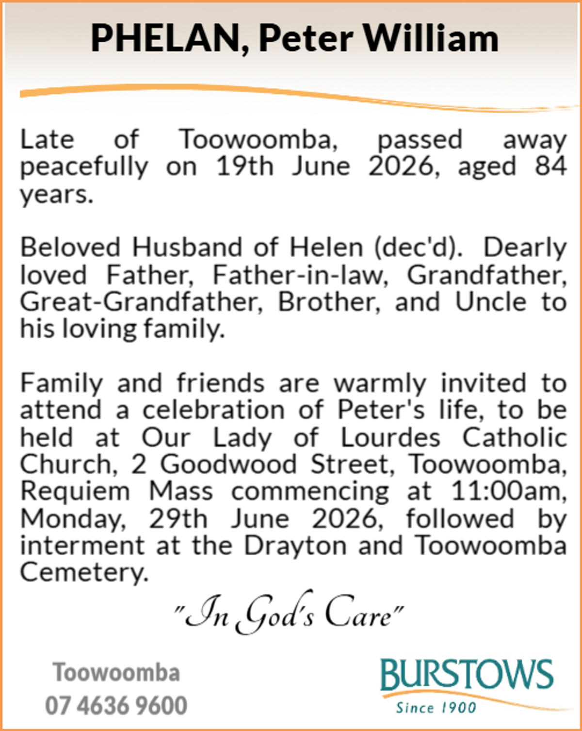Funeral notice for Peter William Phelan