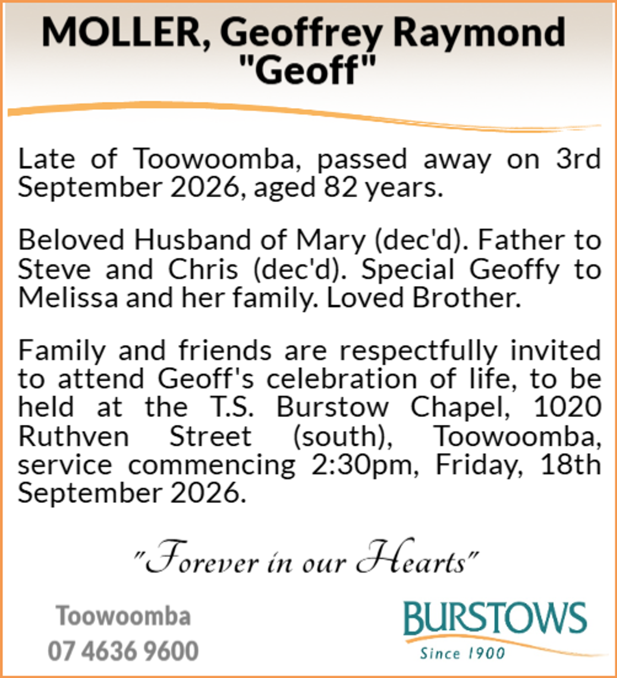 Funeral notice for Geoffrey Raymond Moller