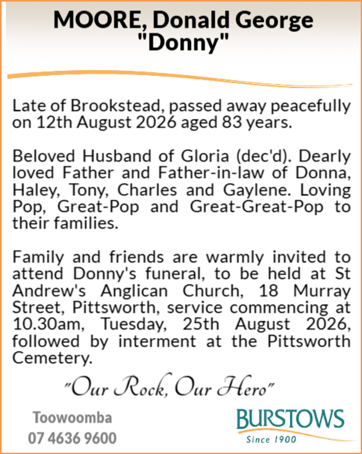 Funeral notice for Donald George Moore