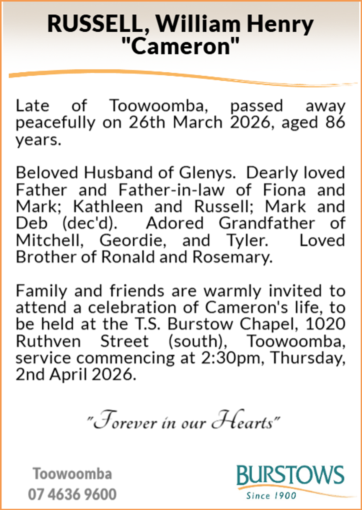 Funeral notice for William Henry Cameron Russell