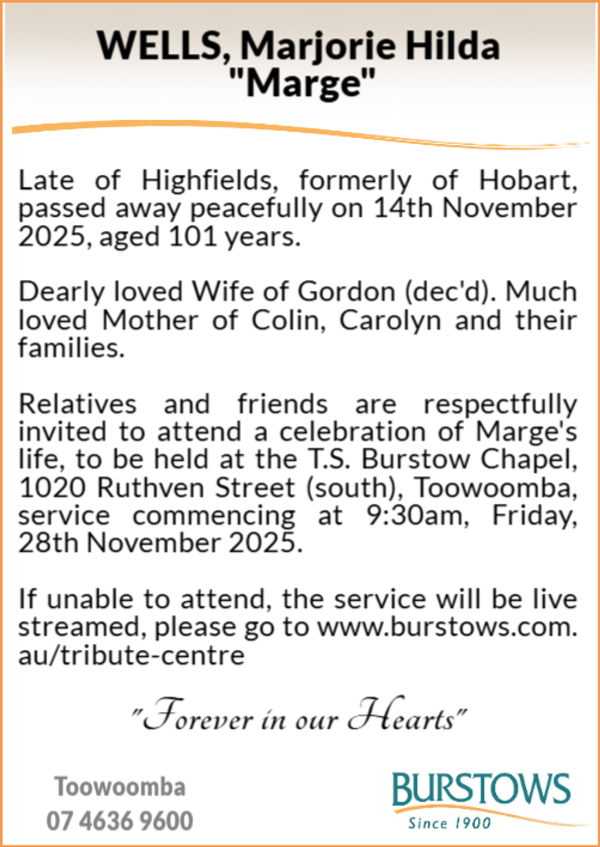Funeral notice for Marjorie Hilda Wells