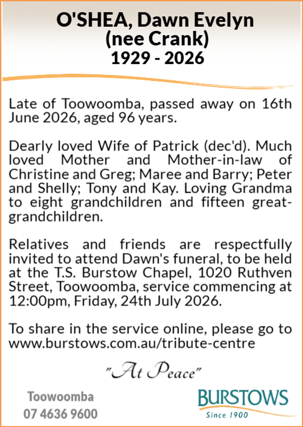 Funeral notice for Dawn Evelyn O'Shea