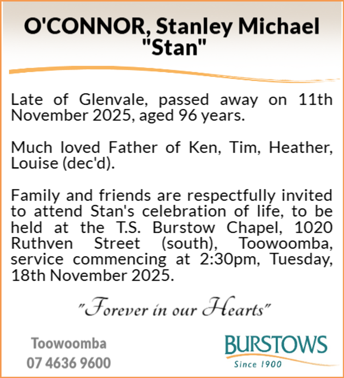 Funeral notice for Stanley Michael O'Connor