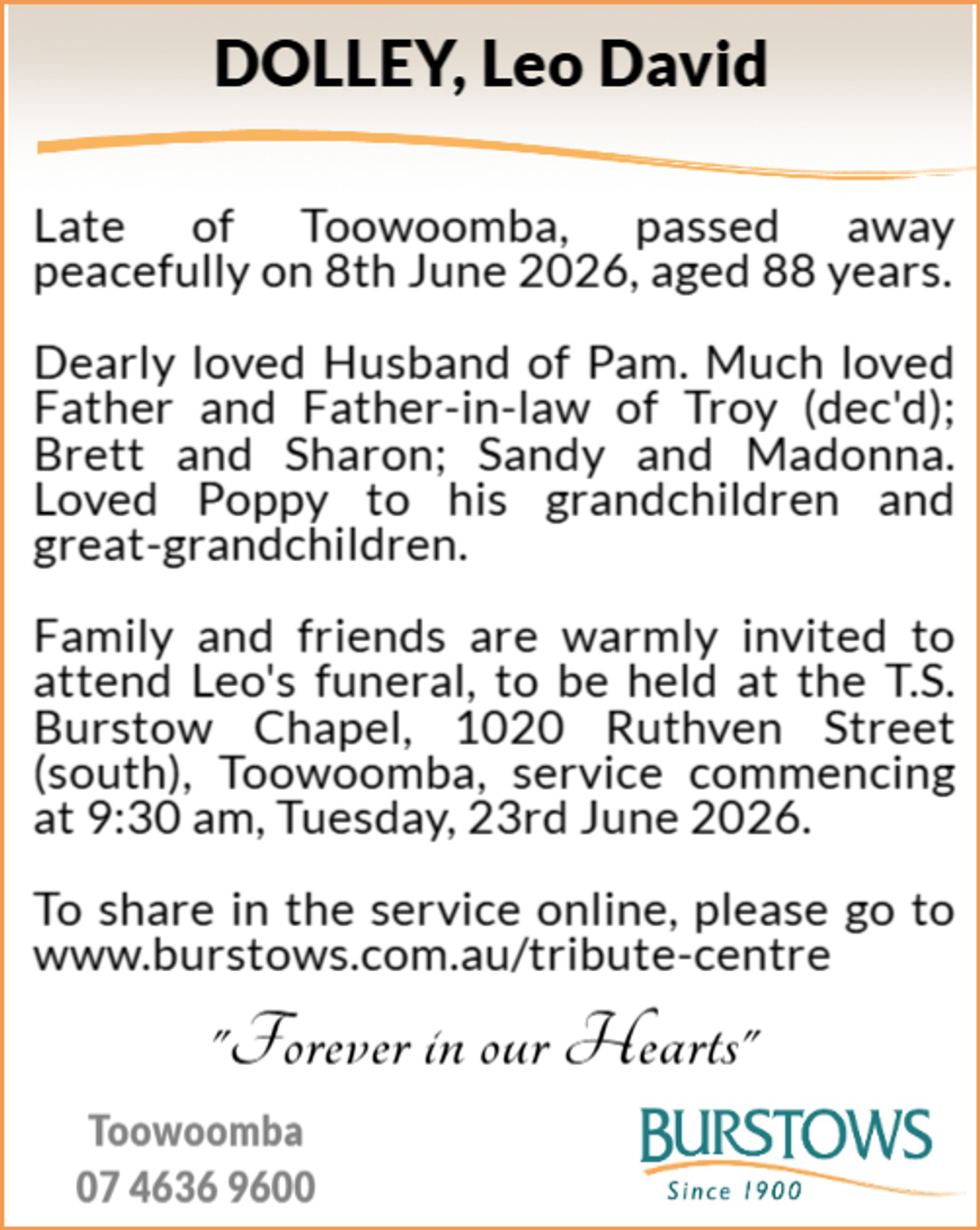 Funeral notice for Leo David Dolley