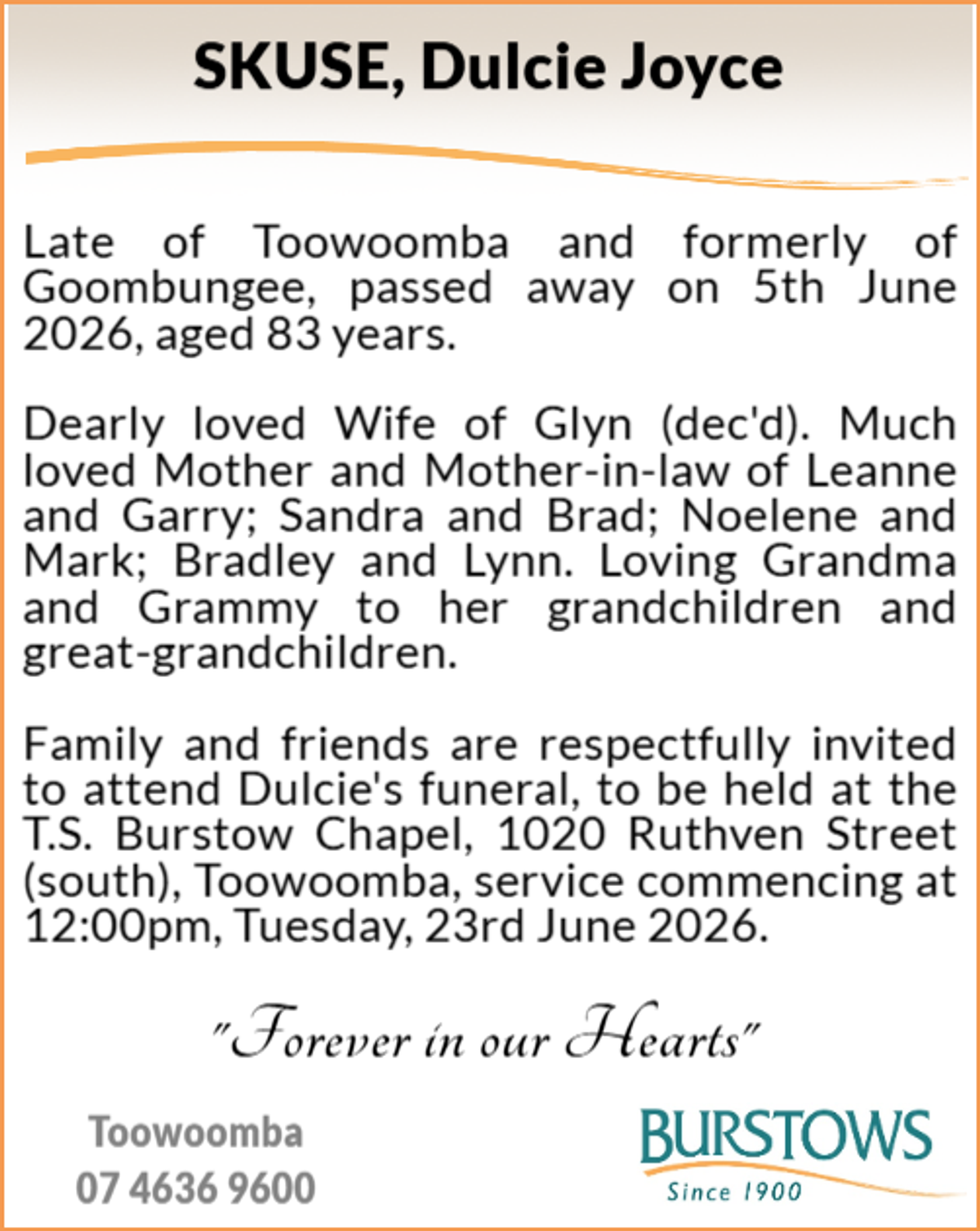 Funeral notice for Dulcie Joyce Skuse