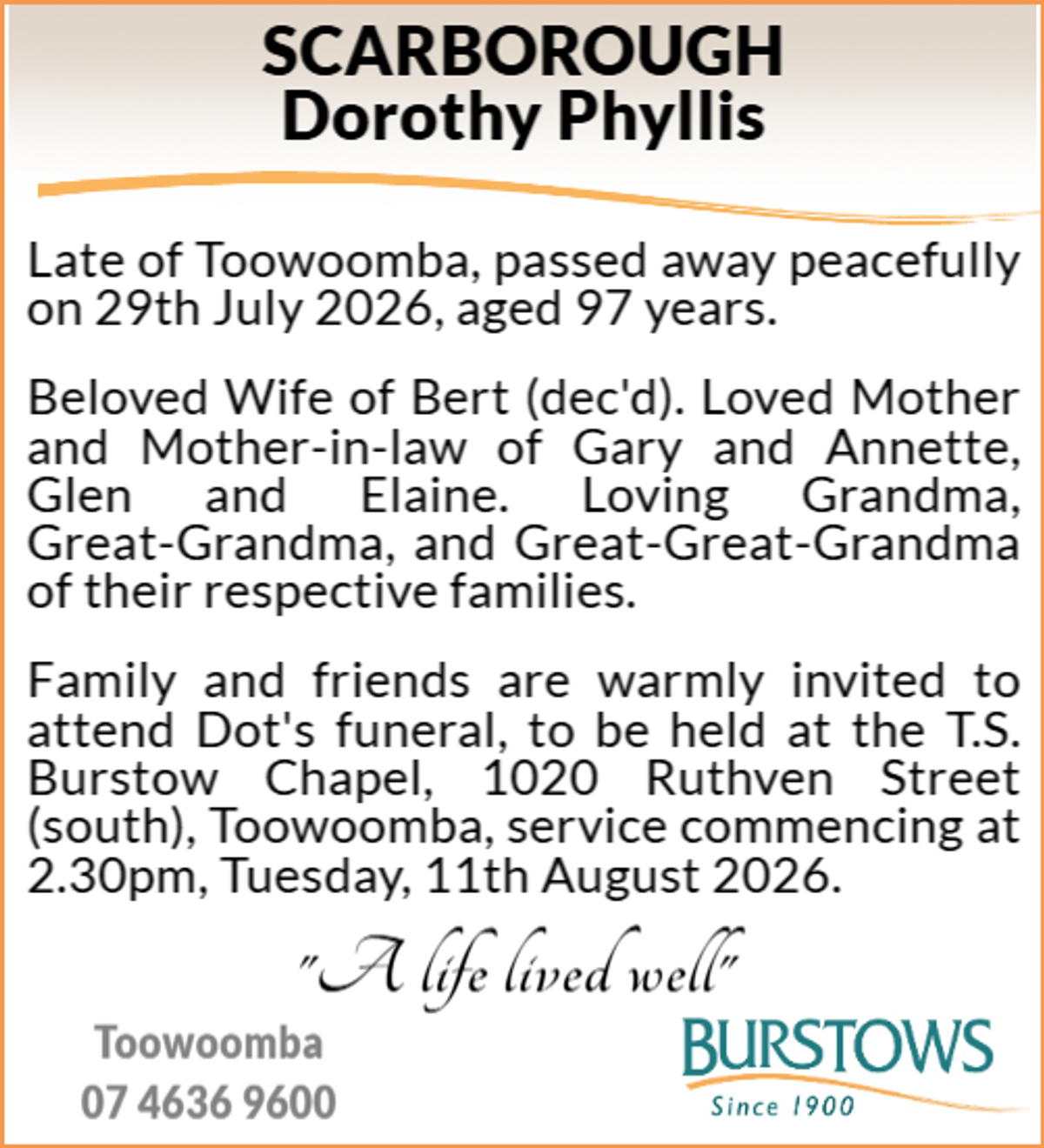 Funeral notice for Dorothy Phyllis Scarborough