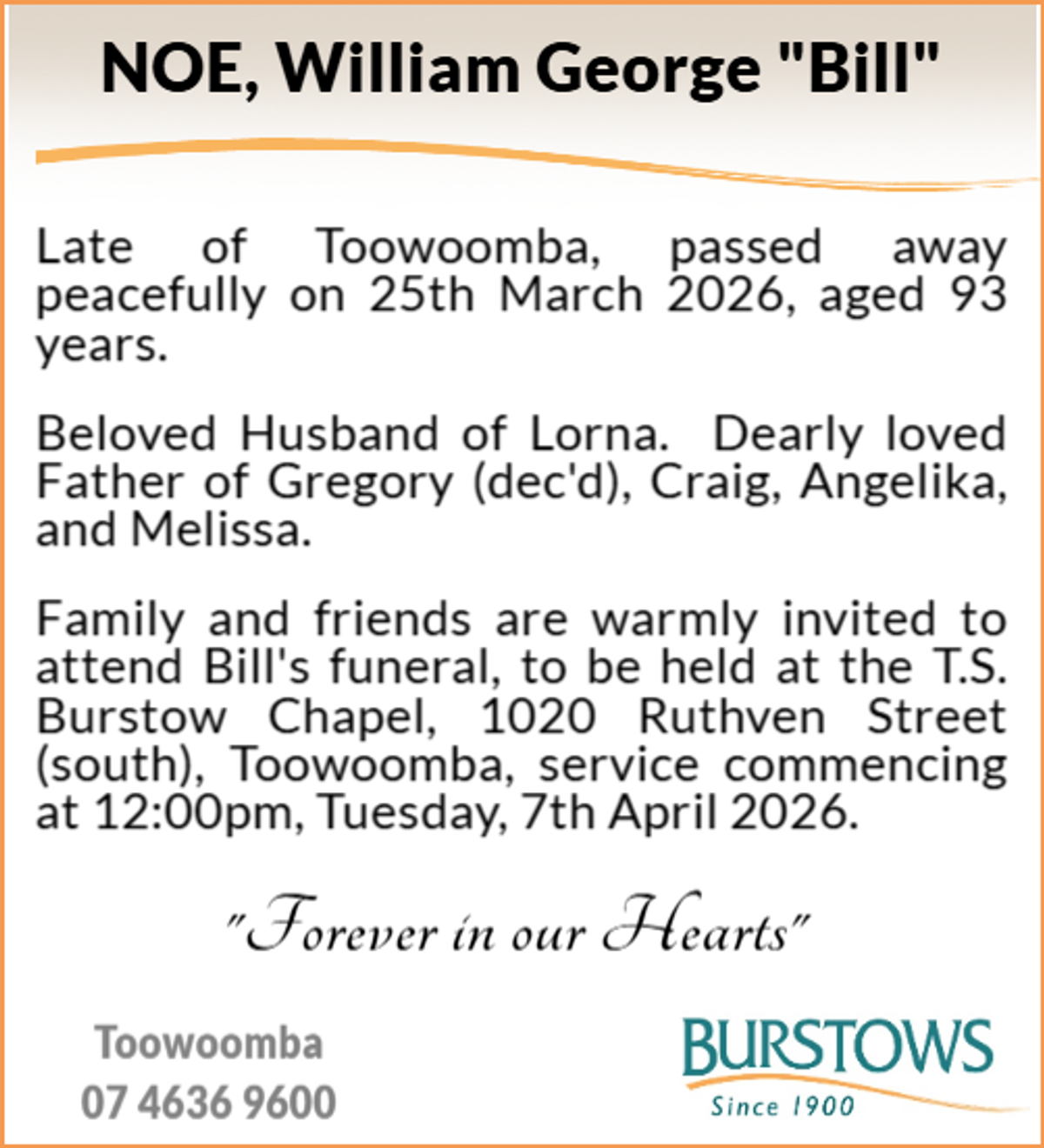 Funeral notice for William George Noe