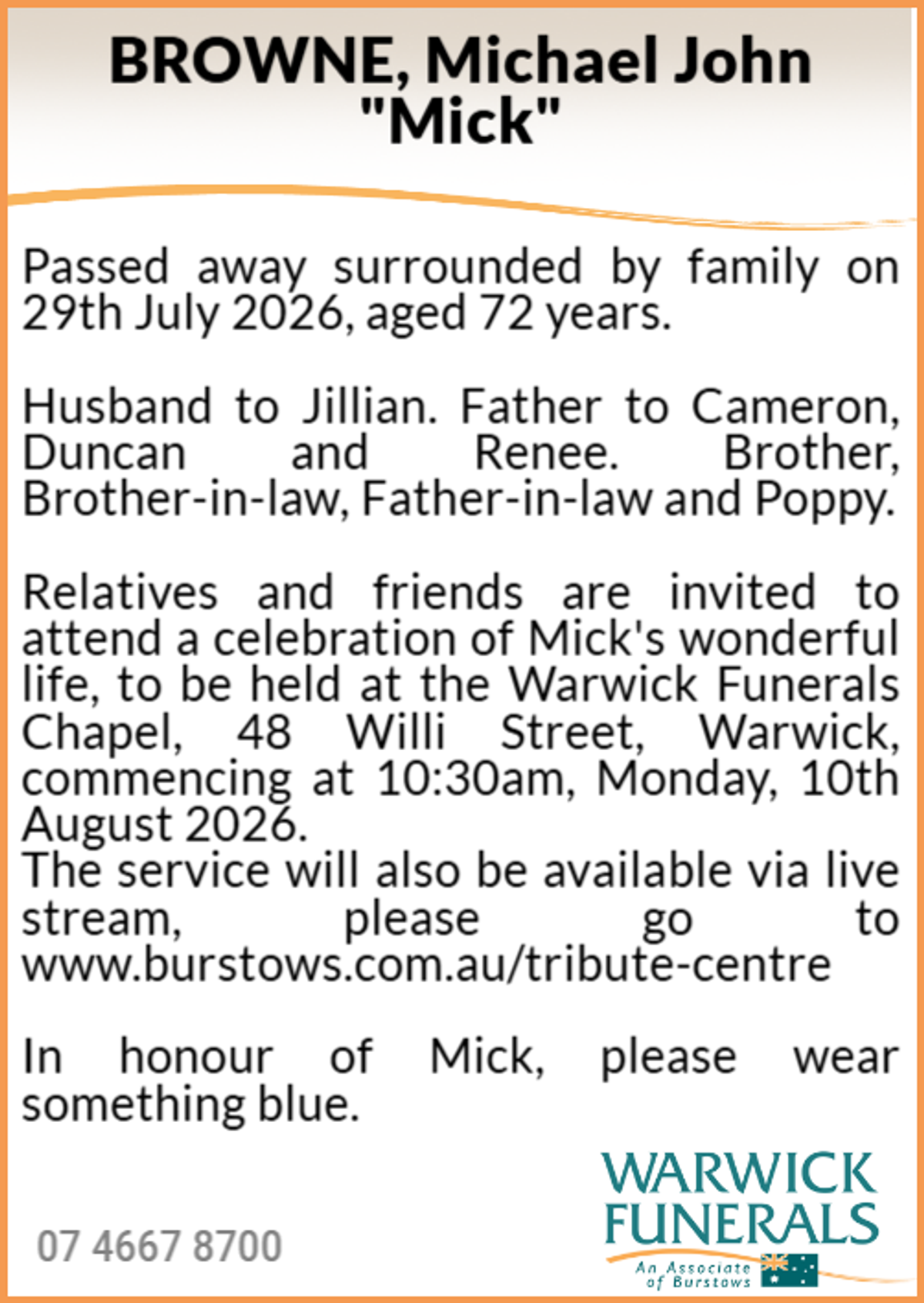 Funeral notice for Michael John Browne