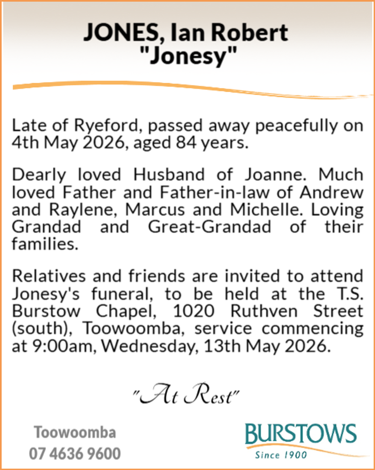 Funeral notice for Ian Robert Jones