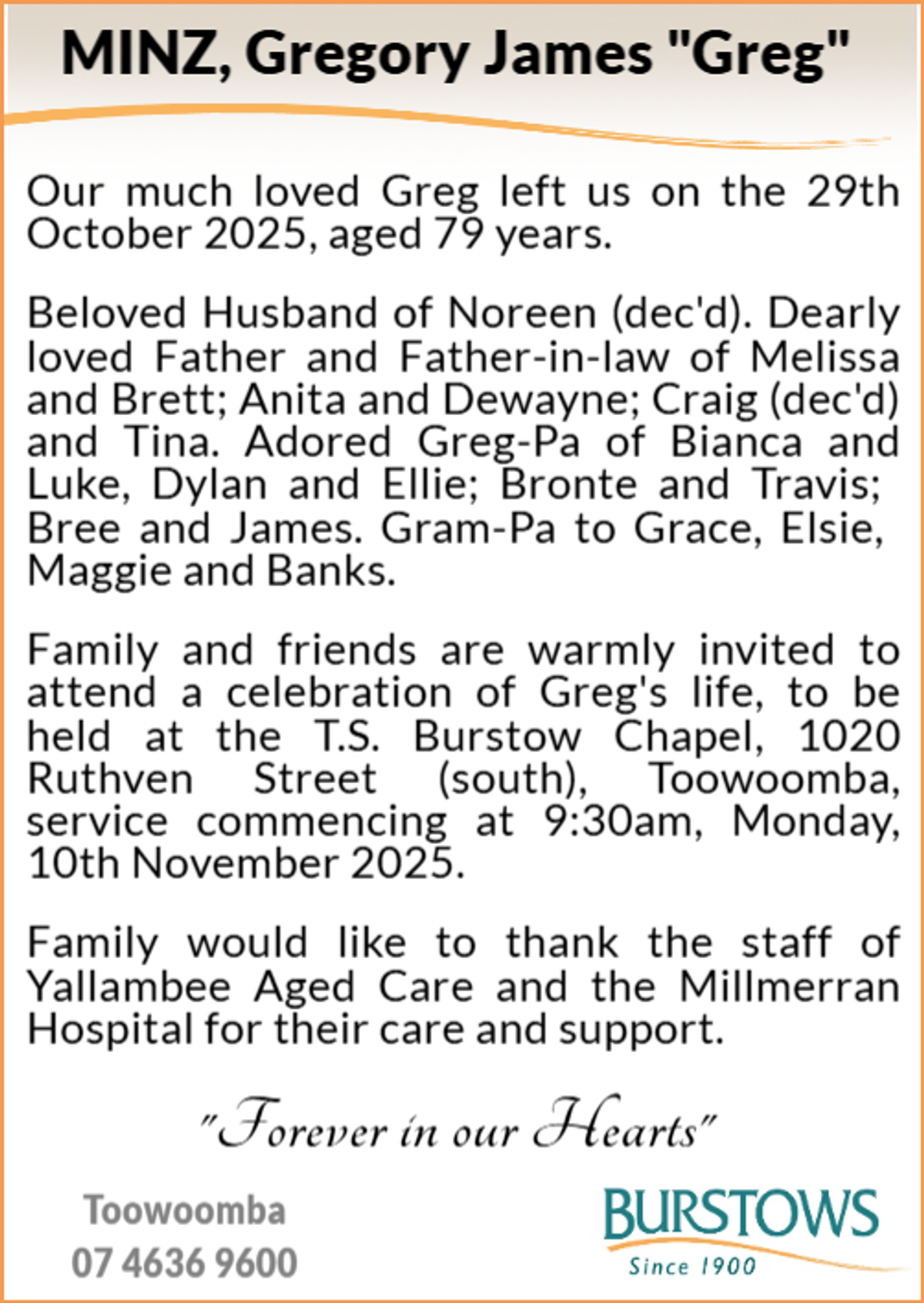 Funeral notice for Gregory James Minz