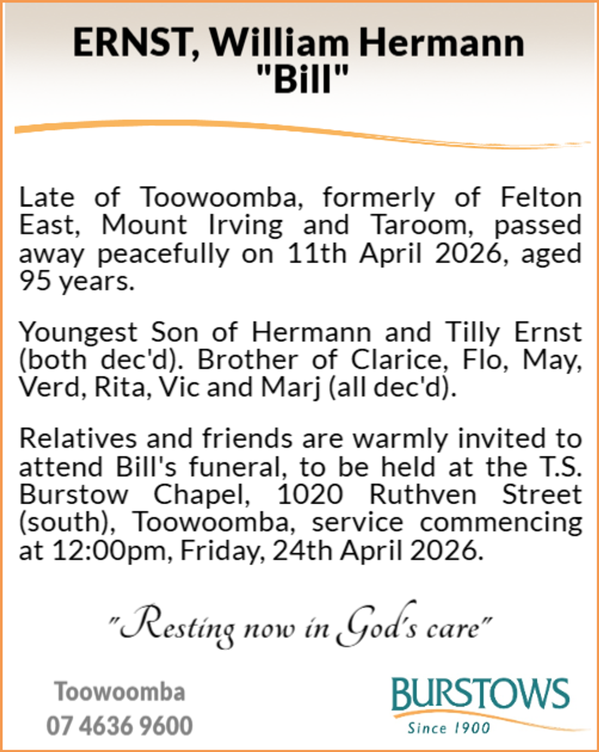 Funeral notice for William Hermann Ernst
