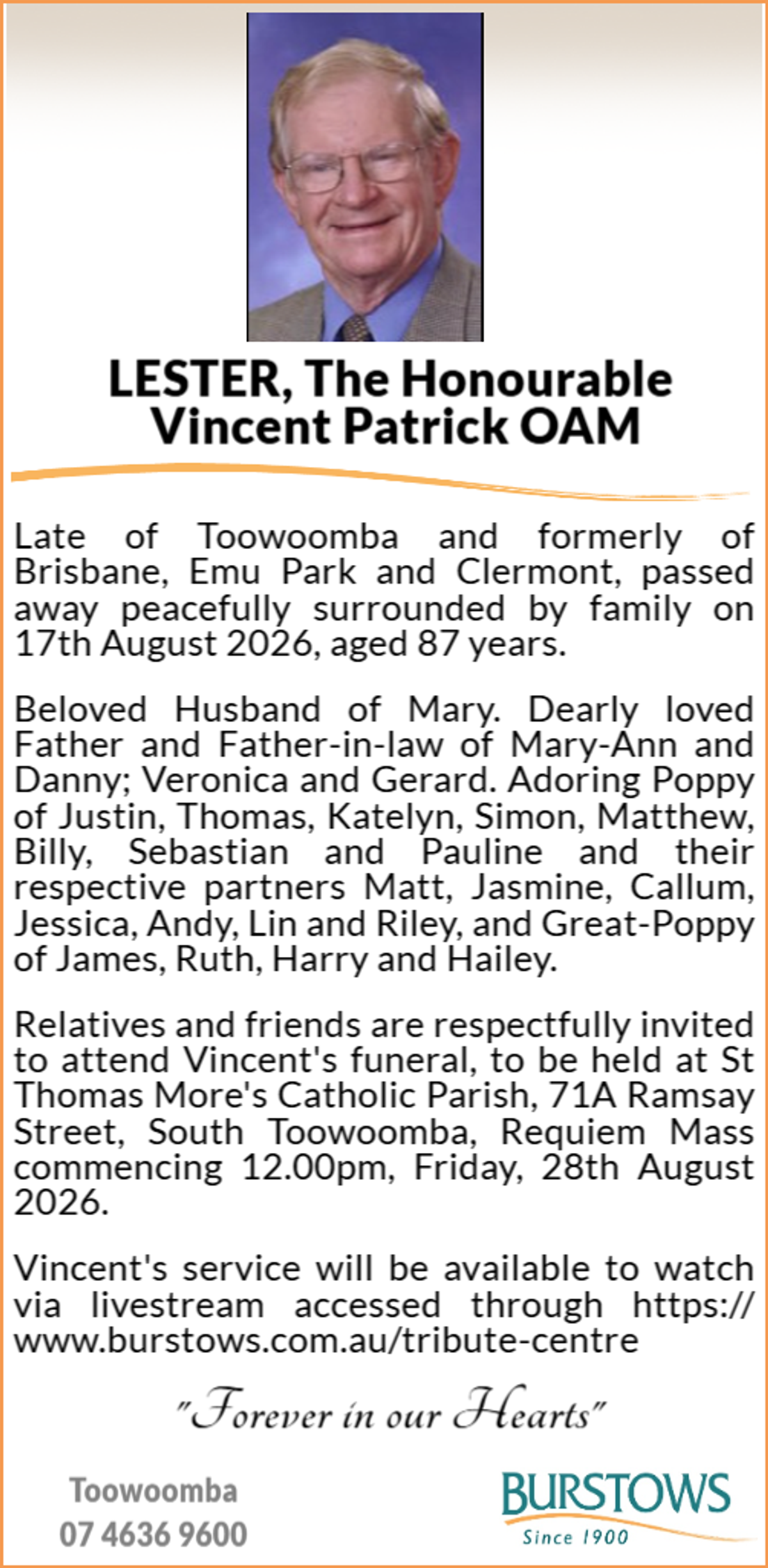 Funeral notice for The Honourable Mr Vincent Patrick Lester OAM