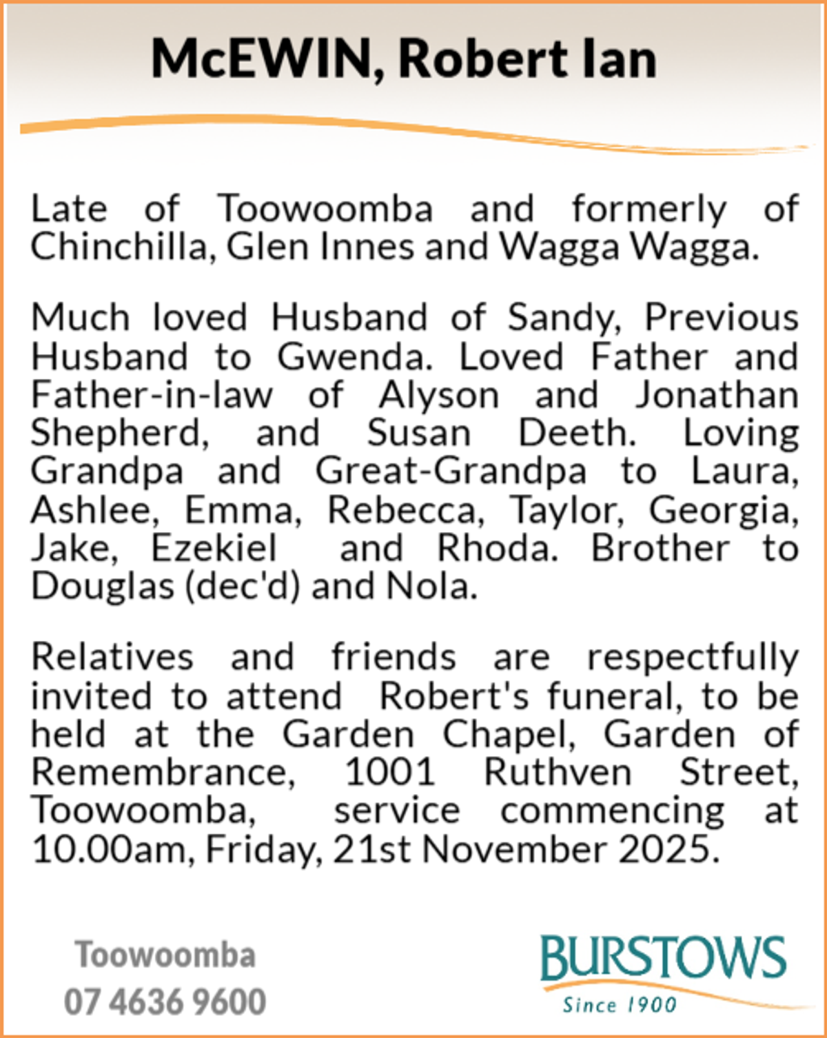 Funeral notice for Robert Ian McEwin