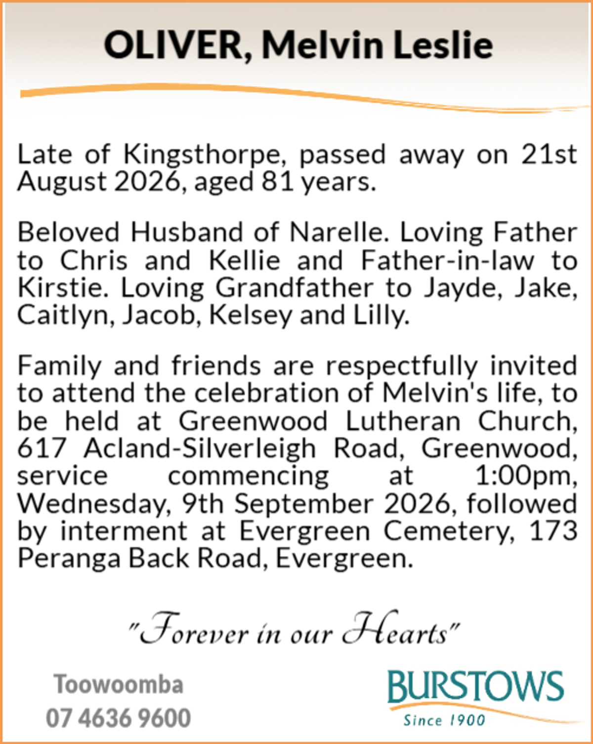 Funeral notice for Melvin Leslie Oliver