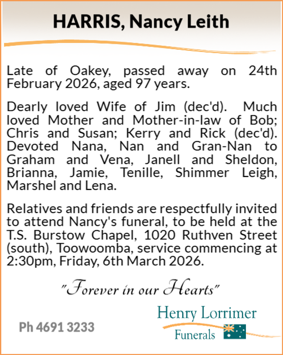 Funeral notice for Nancy Leith Harris