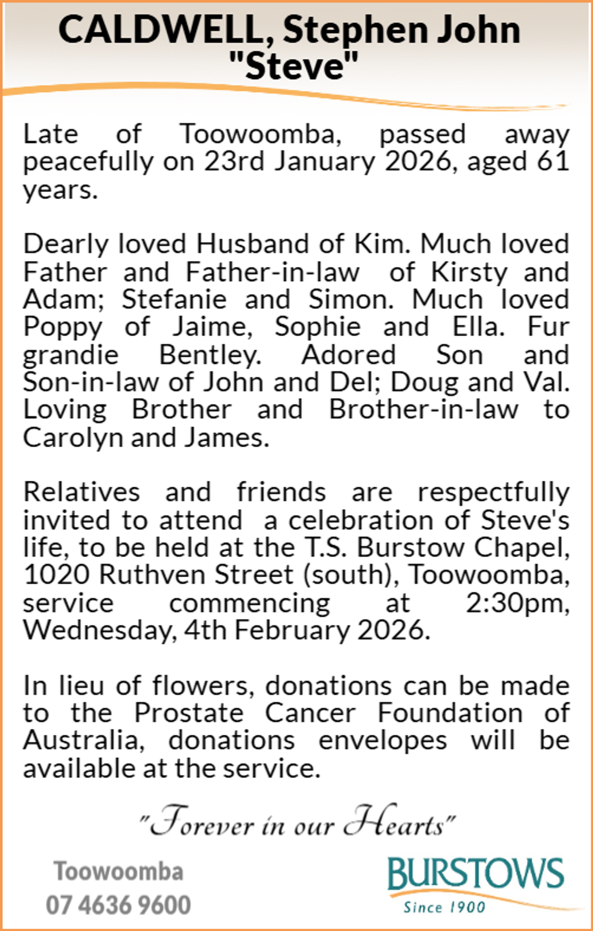 Funeral notice for Stephen John Caldwell