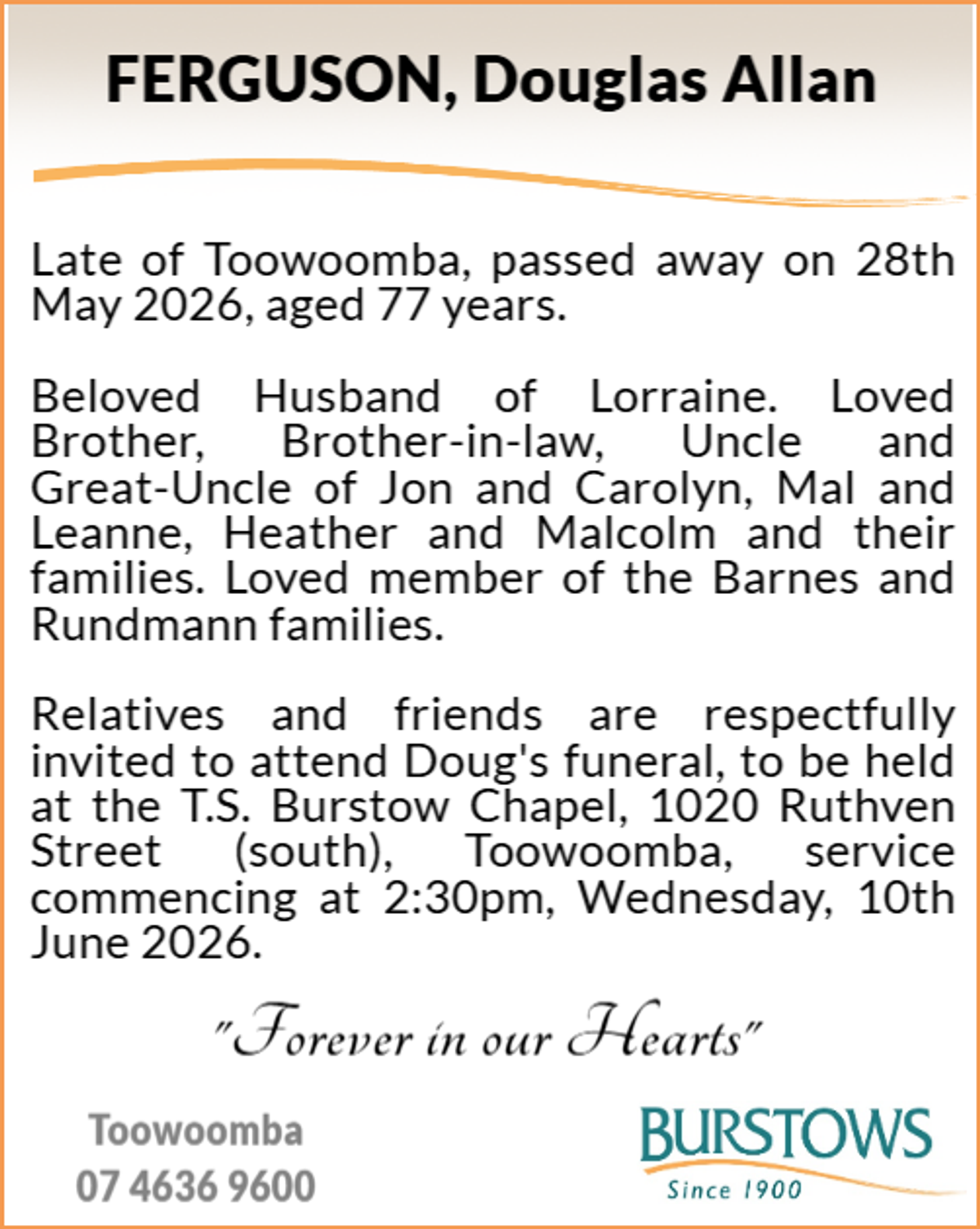 Funeral notice for Douglas Allan Ferguson