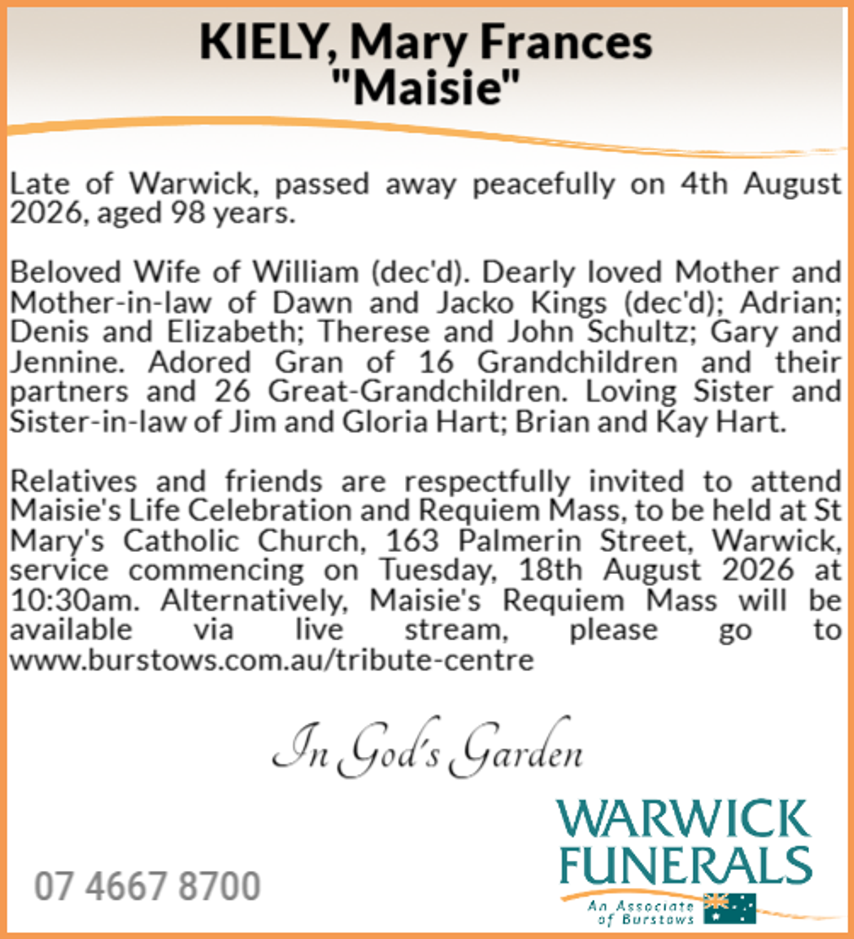 Funeral notice for Mary Frances Kiely