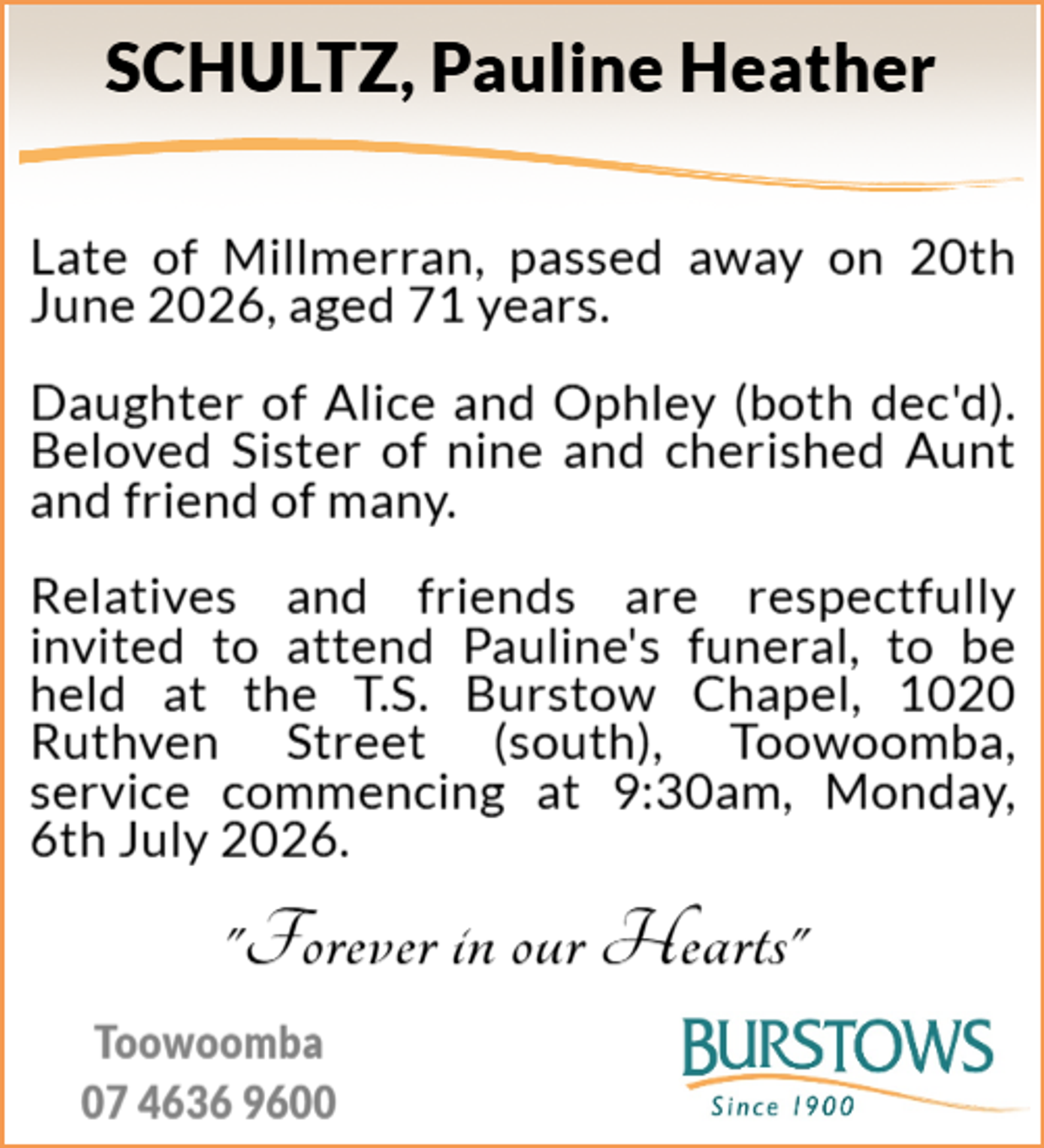 Funeral notice for Pauline Heather Schultz
