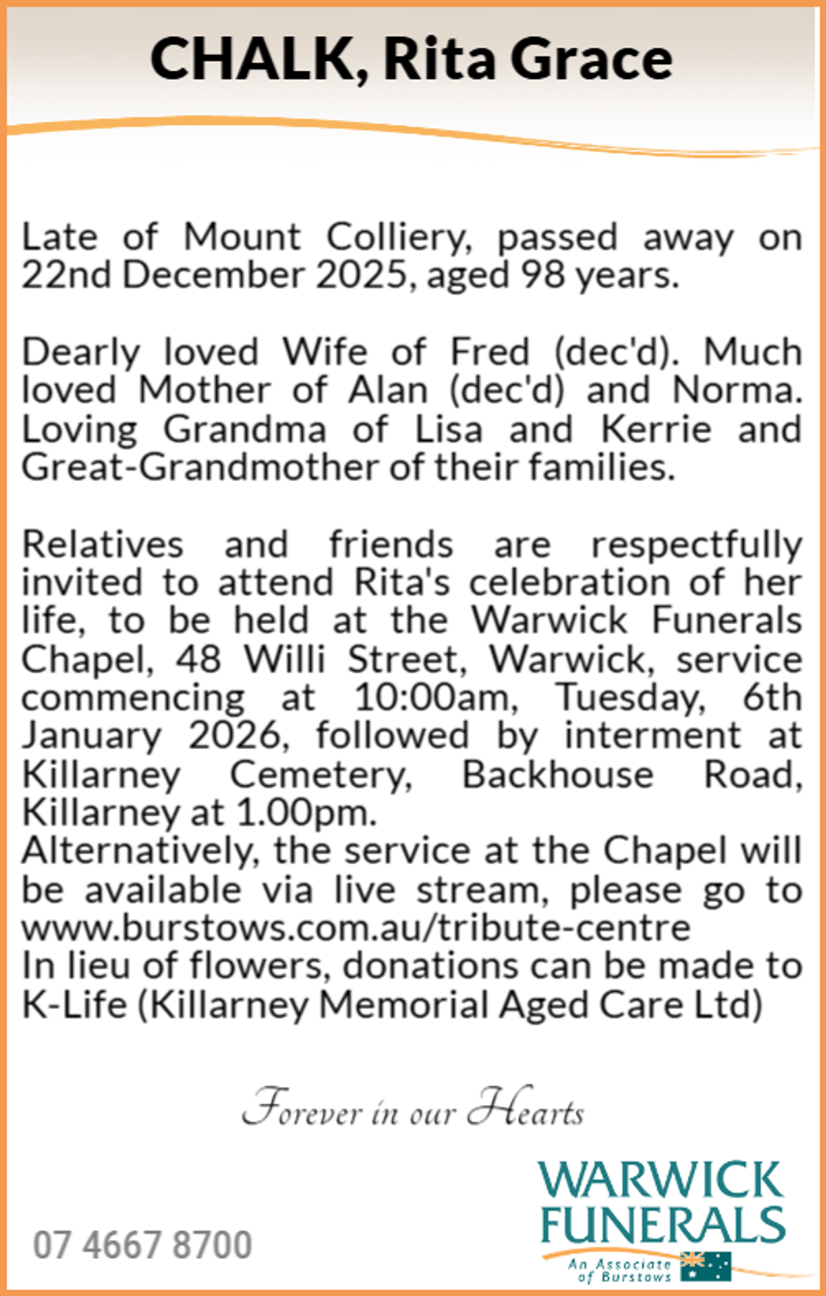 Funeral notice for Rita Grace Chalk