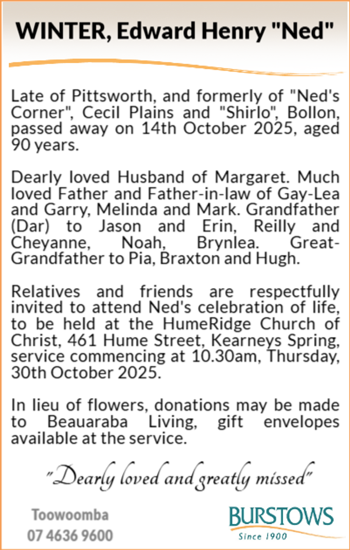 Funeral notice for Edward Henry Winter