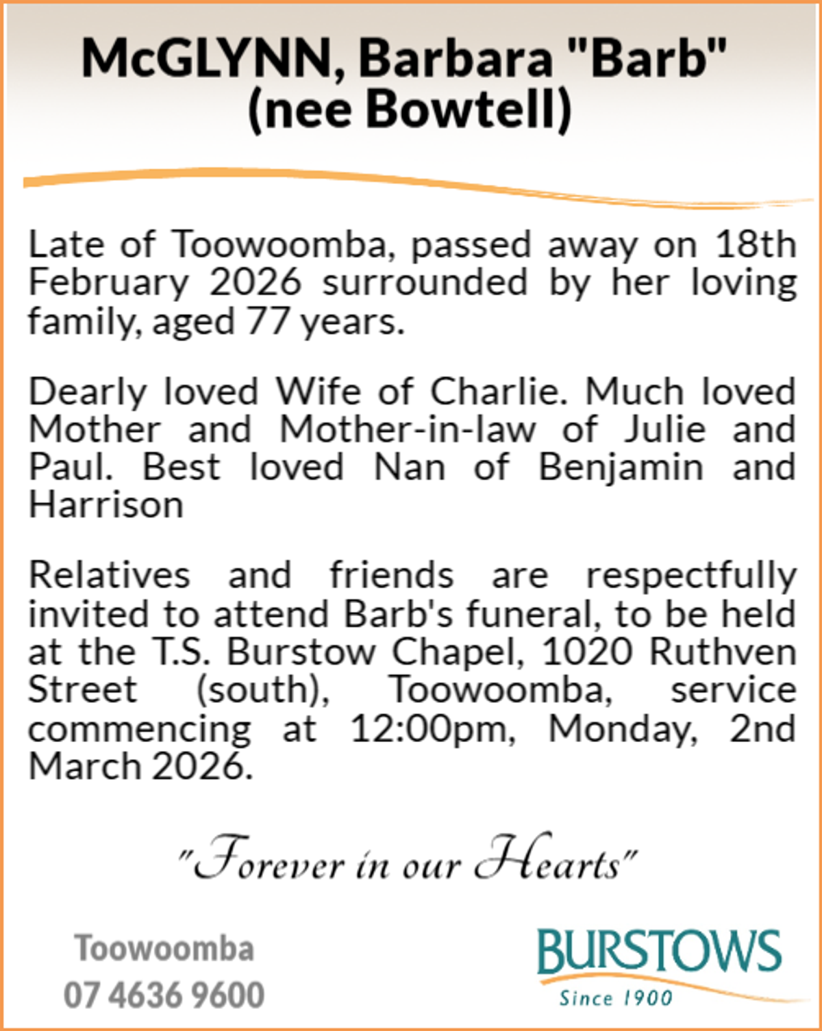 Funeral notice for Barbara McGlynn