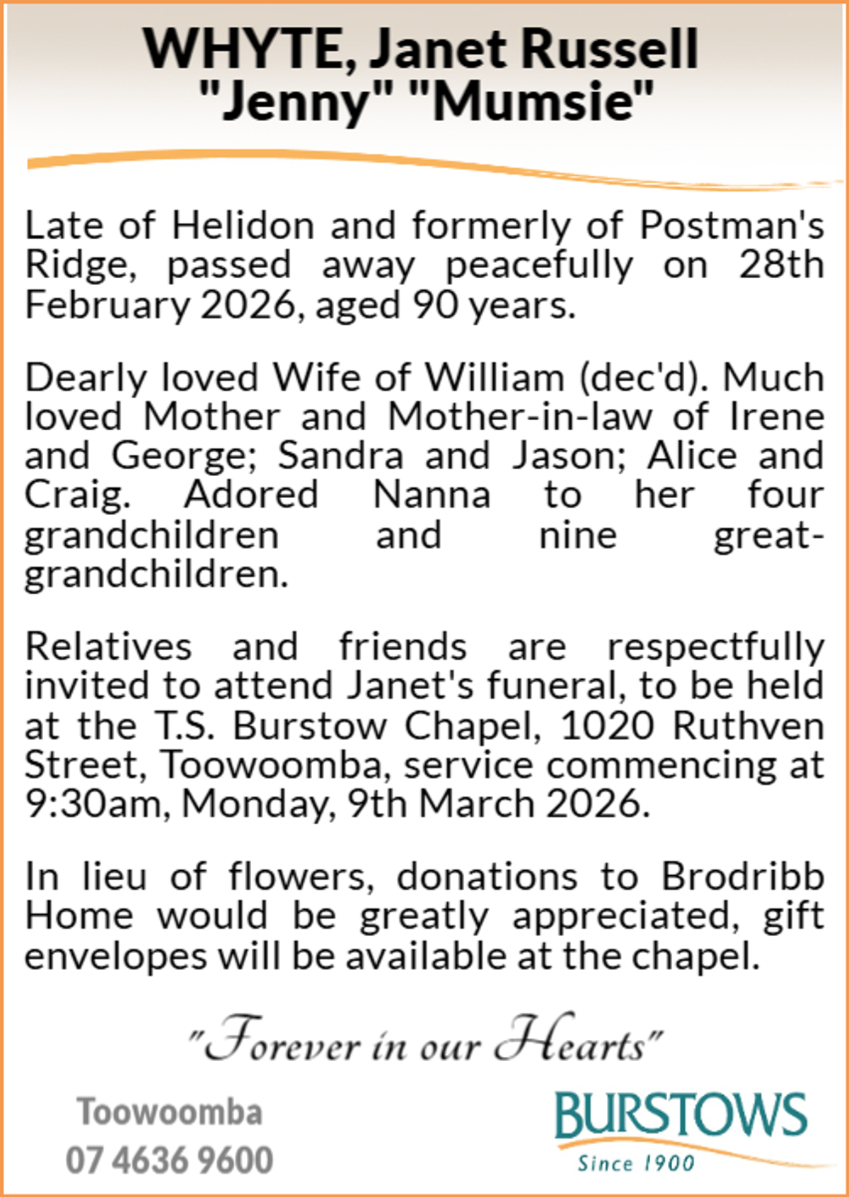 Funeral notice for Janet Russell Whyte