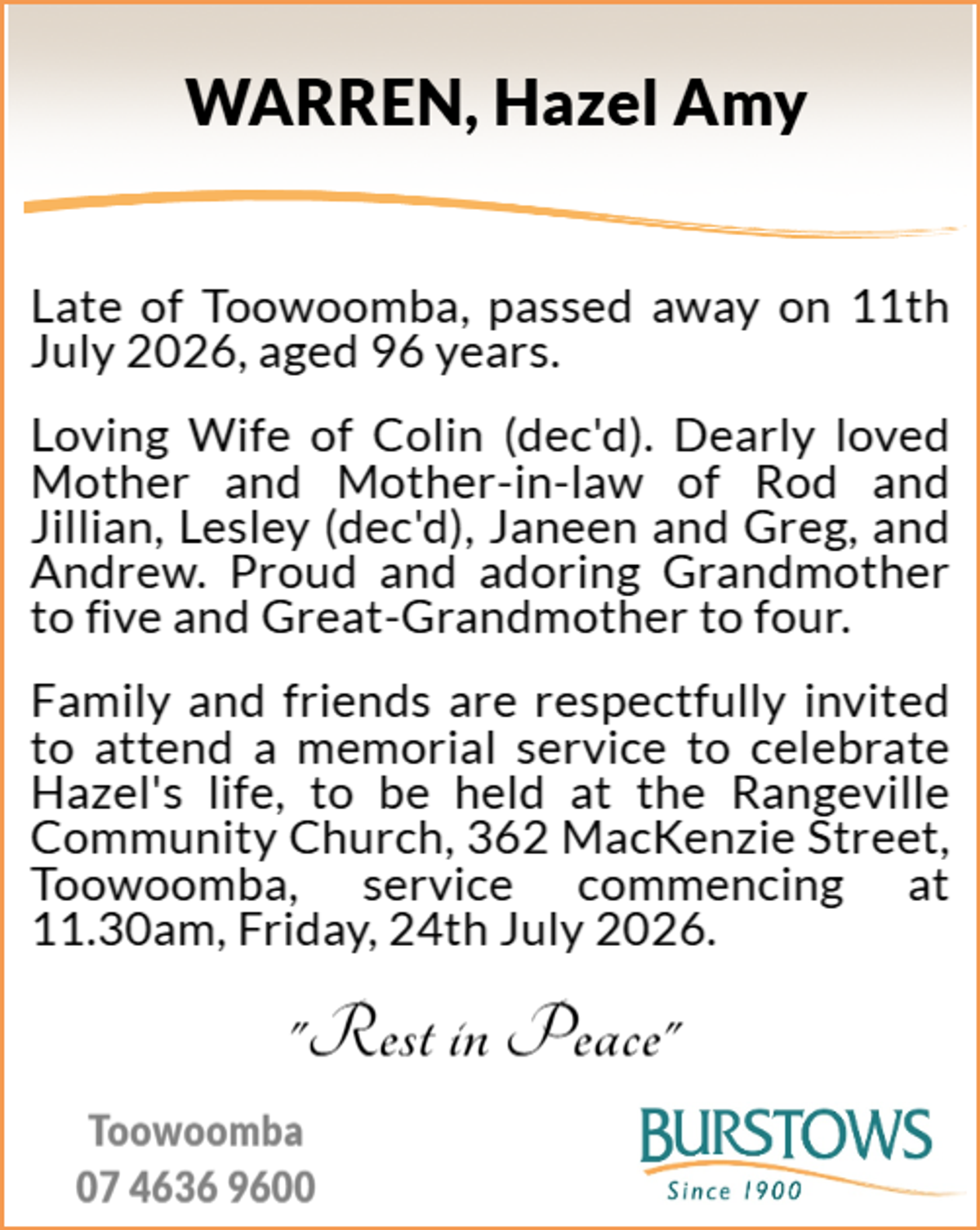 Funeral notice for Hazel Amy Warren