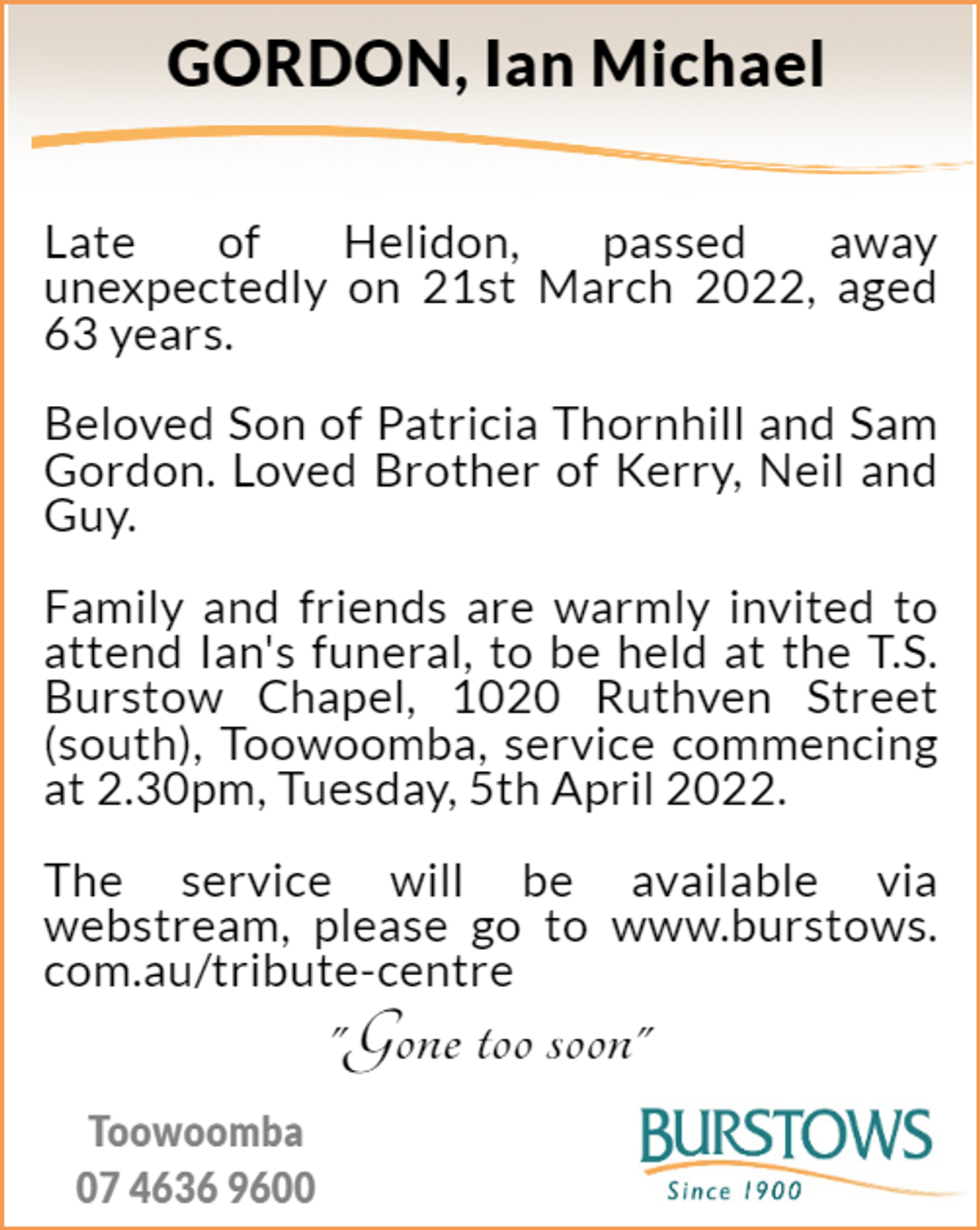 Funeral notice for Ian Michael Gordon