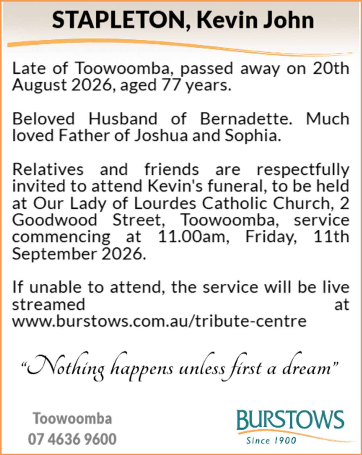 Funeral notice for Kevin John Stapleton