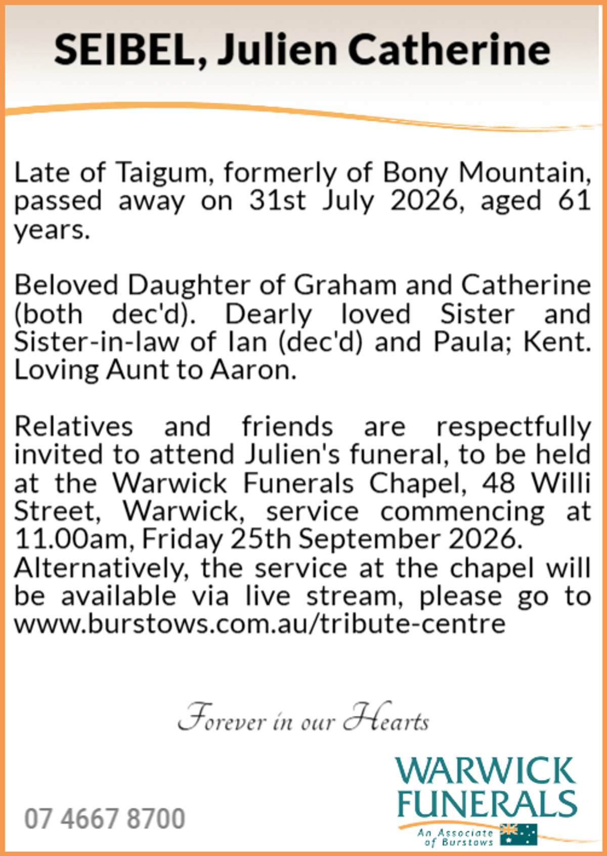 Funeral notice for Julien Catherine Seibel