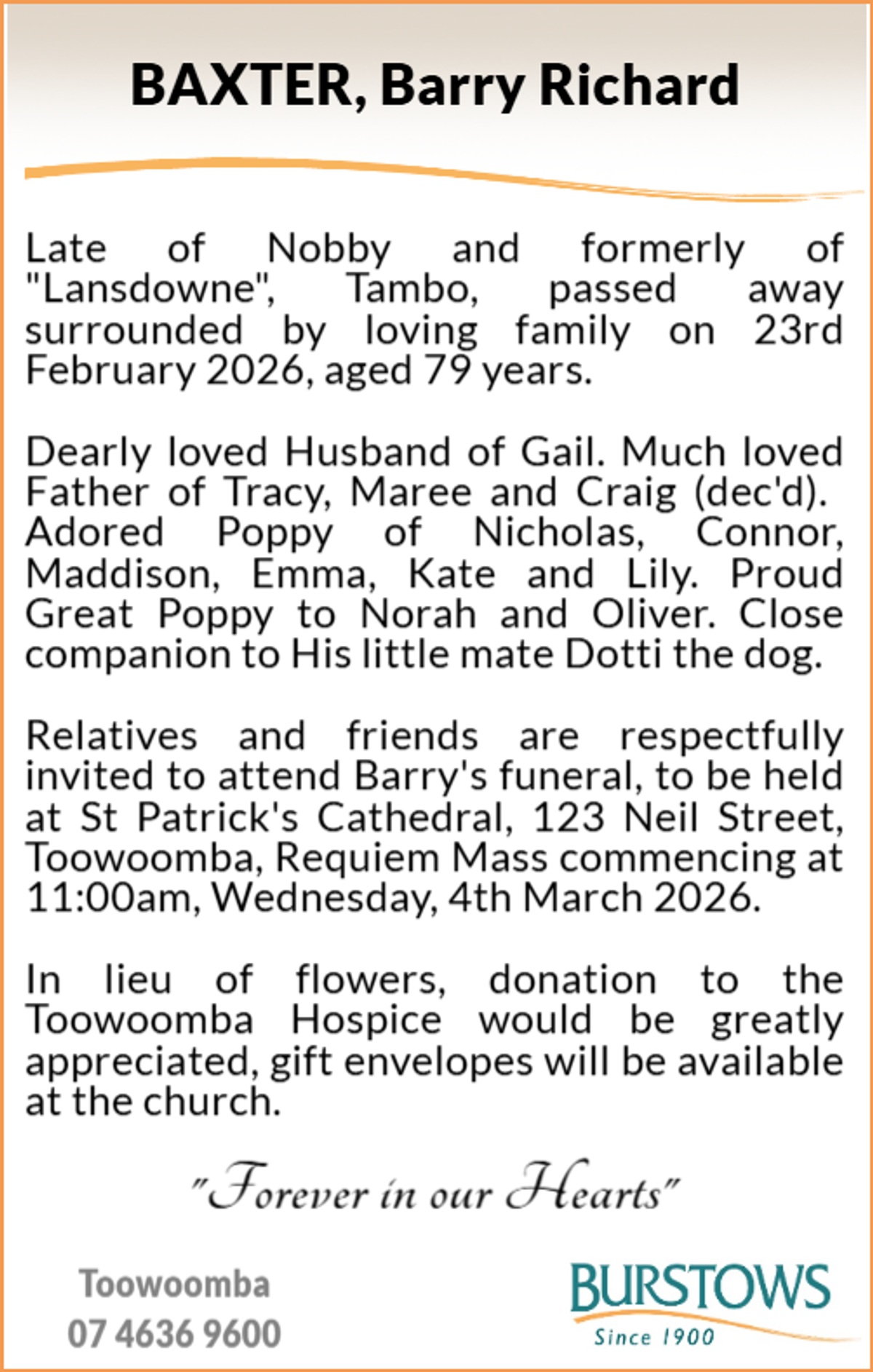 Funeral notice for Barry Richard Baxter