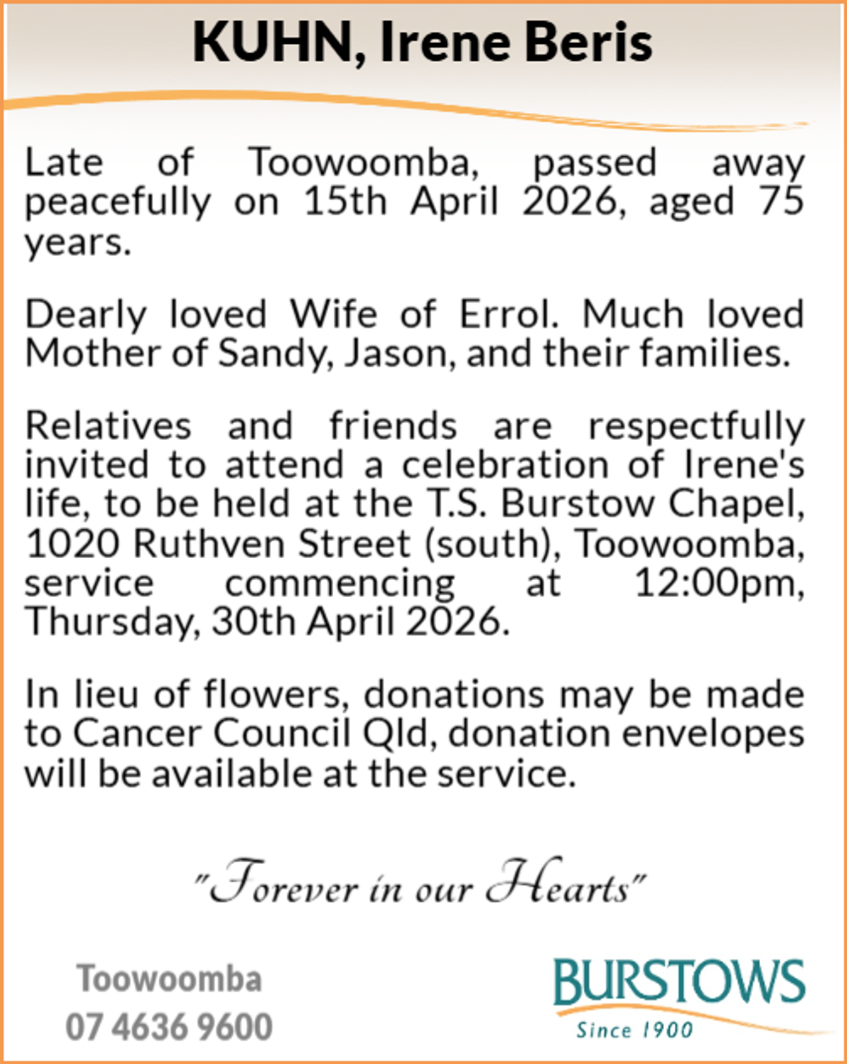 Funeral notice for Irene Beris Kuhn