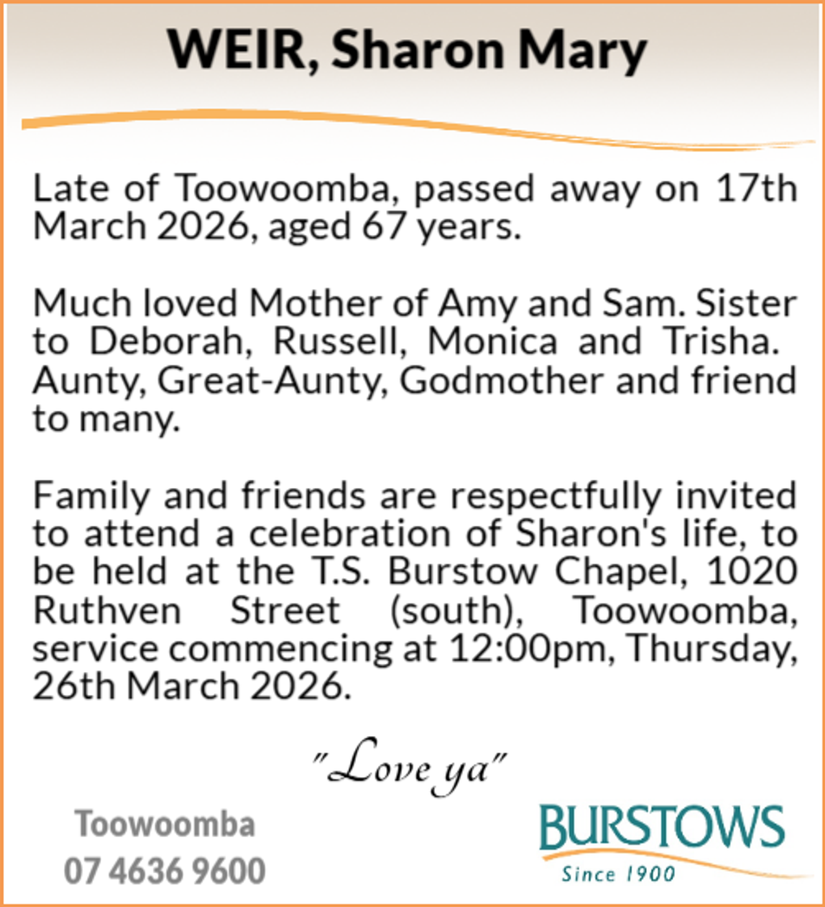 Funeral notice for Sharon Mary Weir