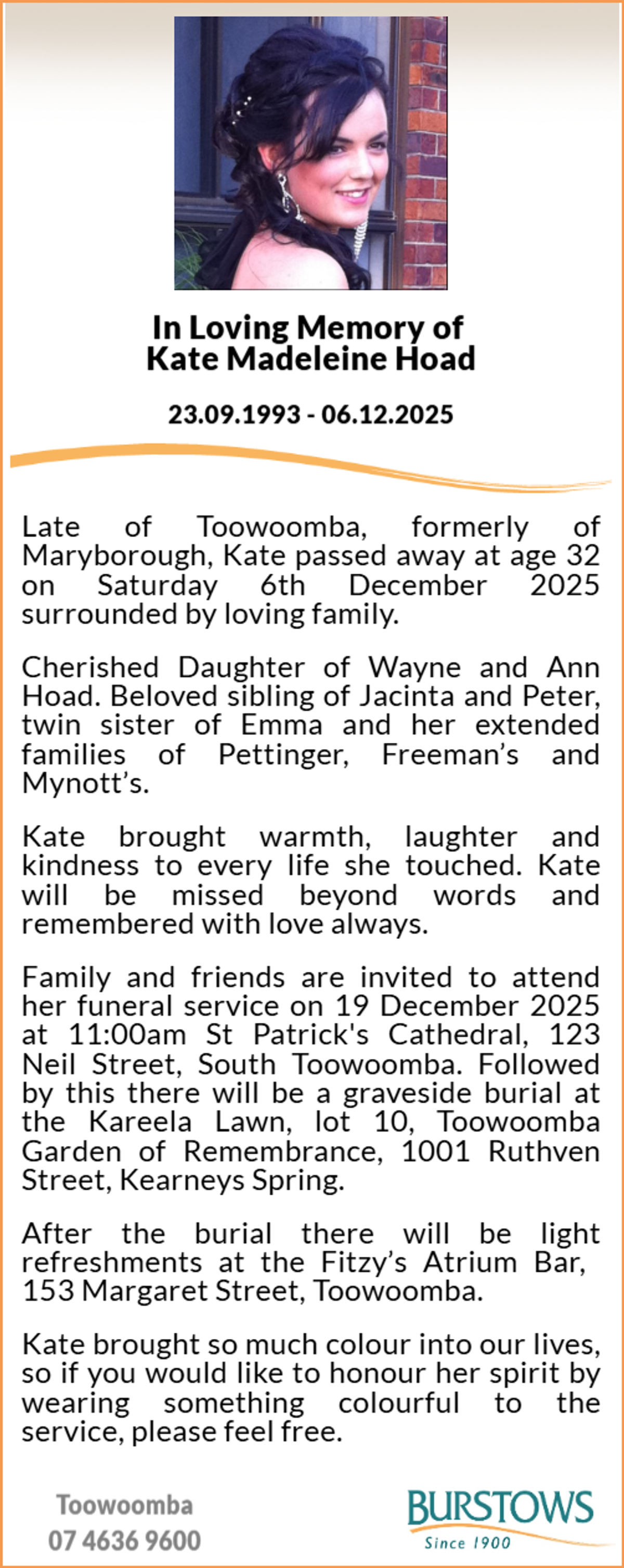 Funeral notice for Kate Madeleine Hoad