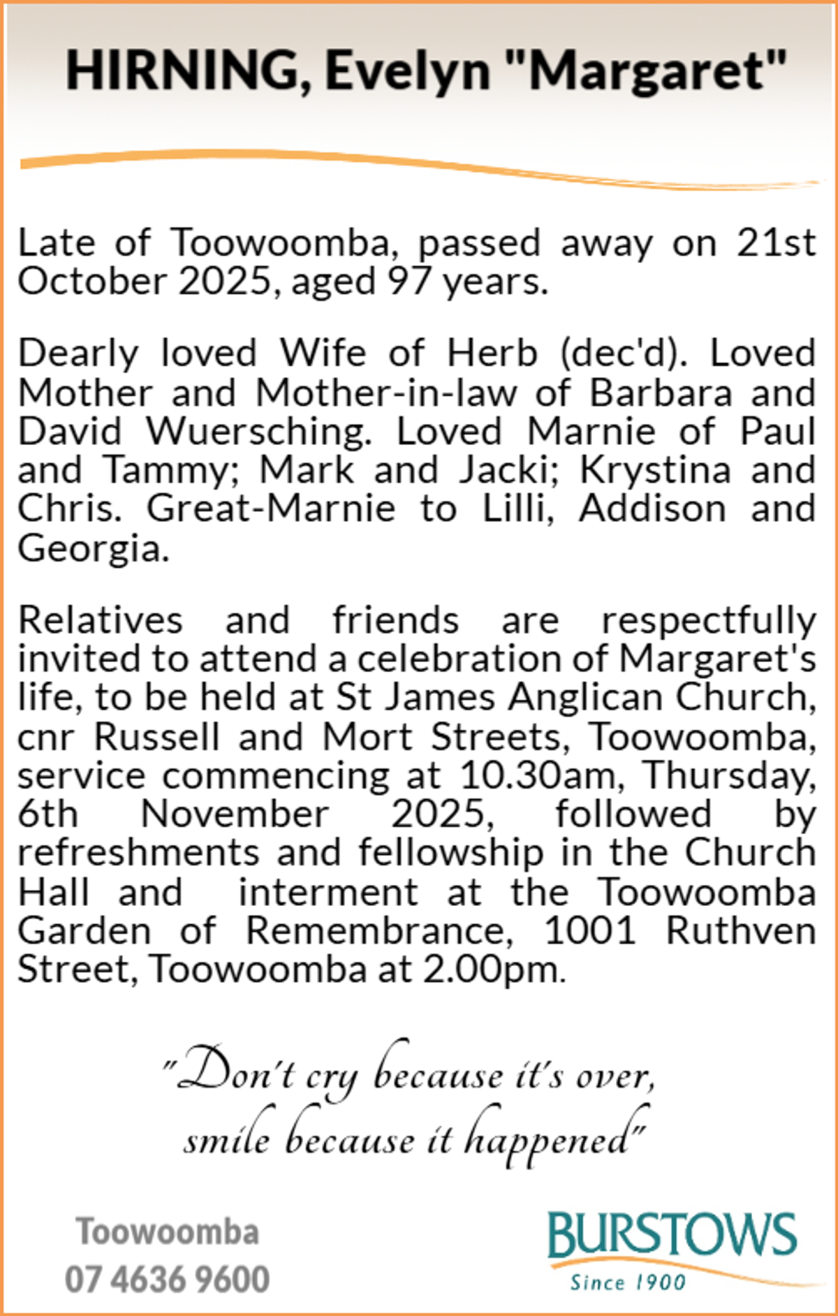 Funeral notice for Evelyn Margaret Hirning