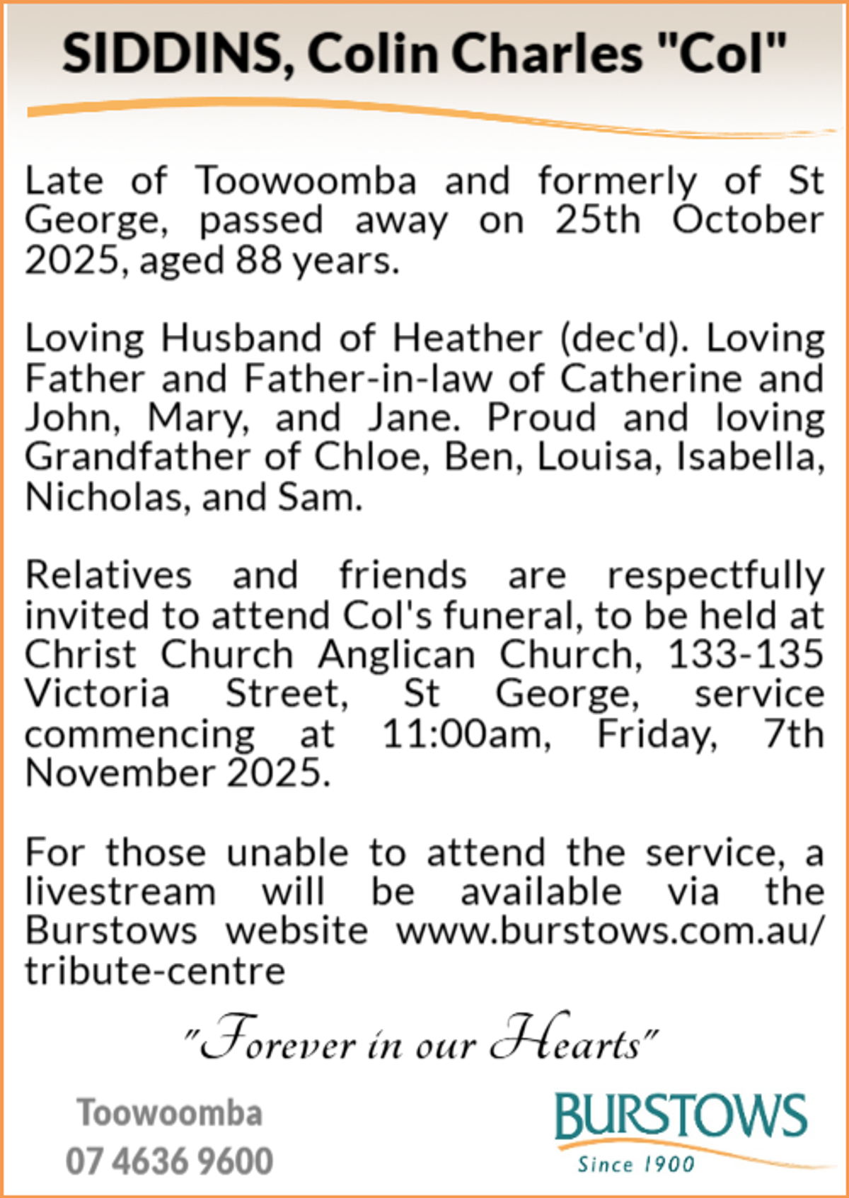 Funeral notice for Colin Charles Siddins