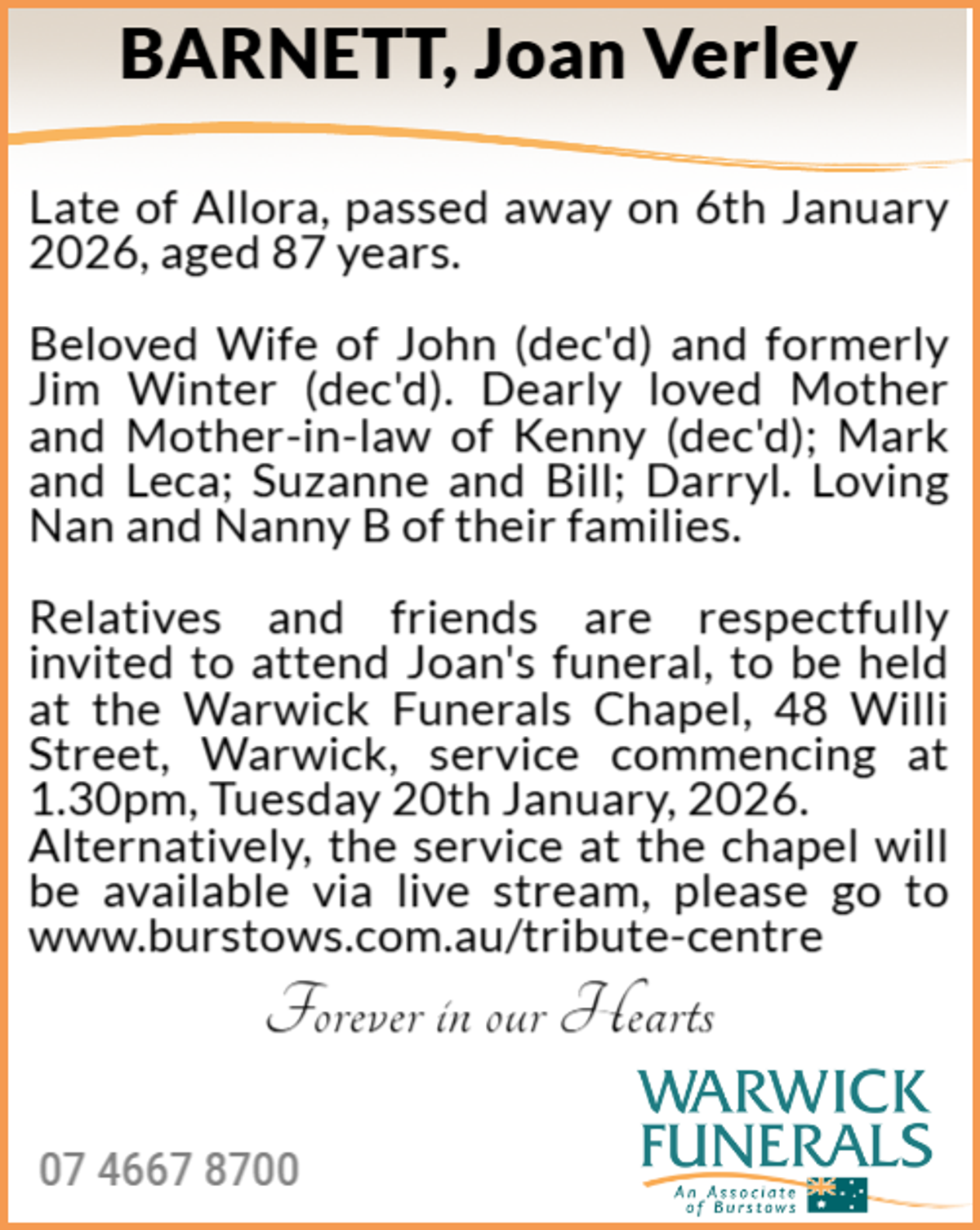 Funeral notice for Joan Verley Barnett