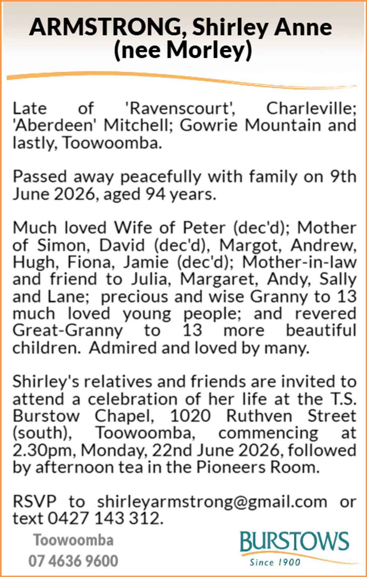 Funeral notice for Shirley Anne Armstrong