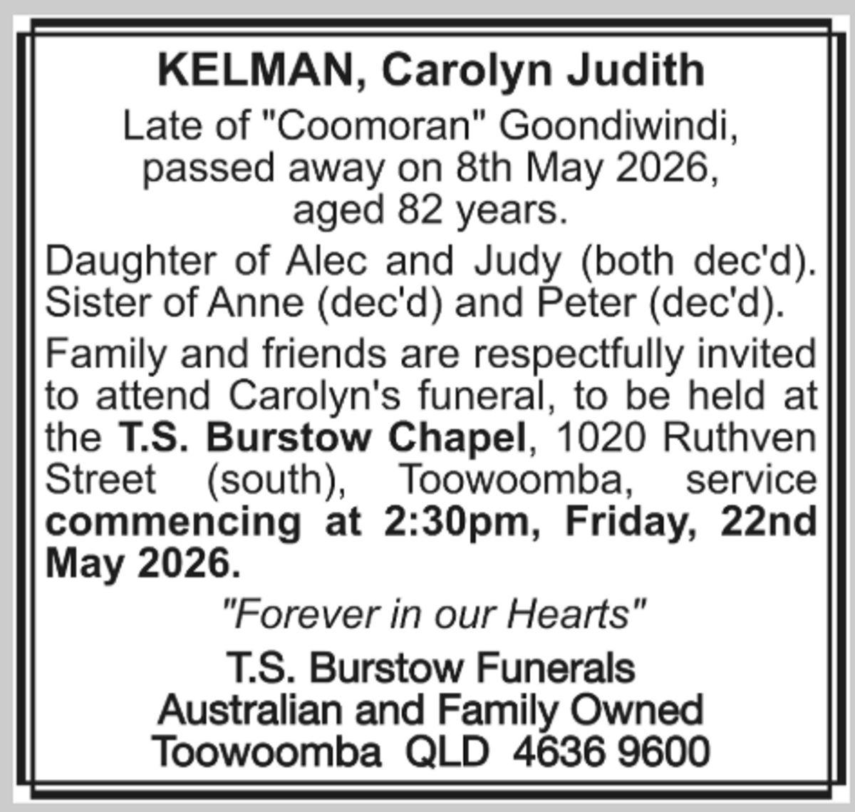 Funeral notice for Carolyn Judith Kelman