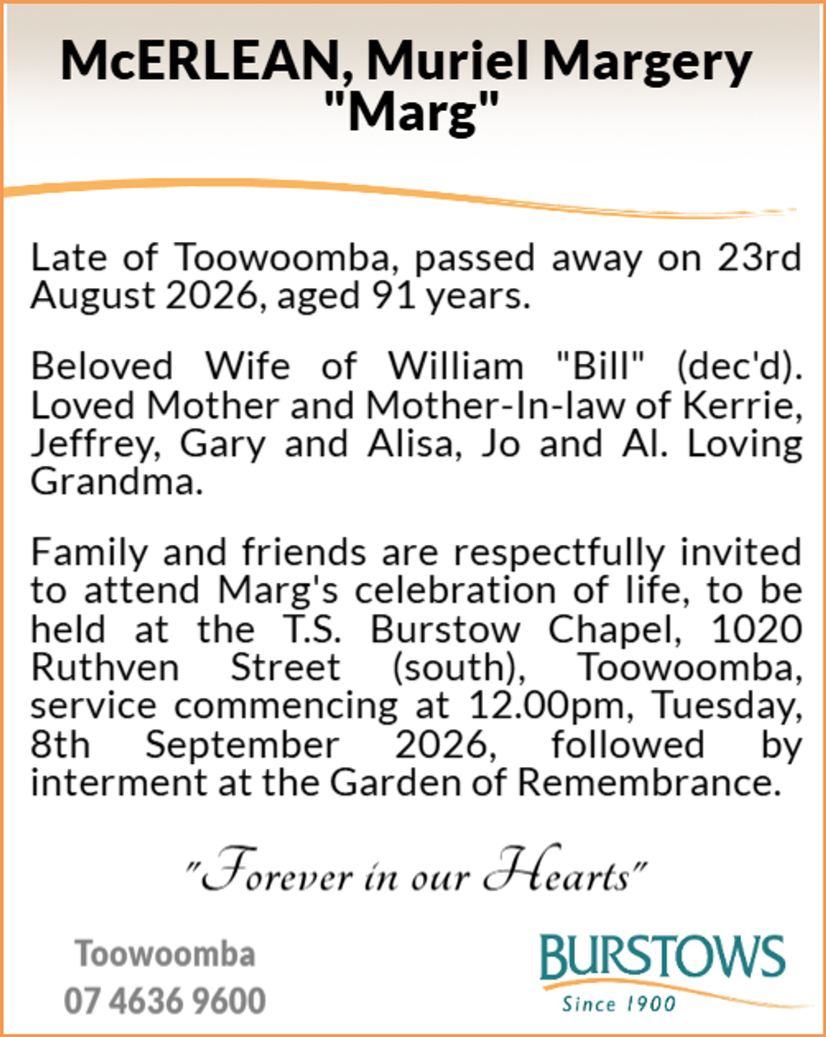 Funeral notice for Muriel Margery McErlean