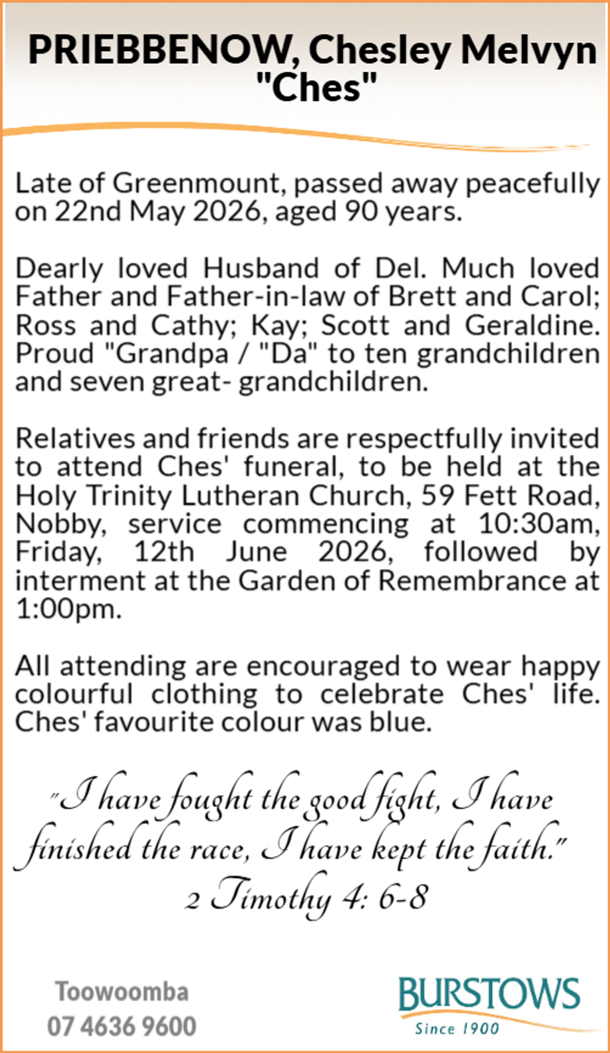 Funeral notice for Chesley Melvyn Priebbenow
