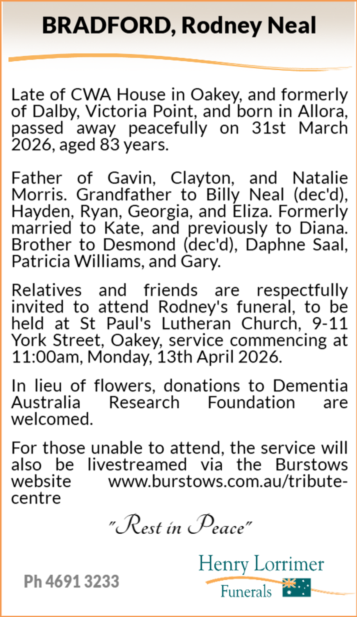 Funeral notice for Rodney Neal Bradford