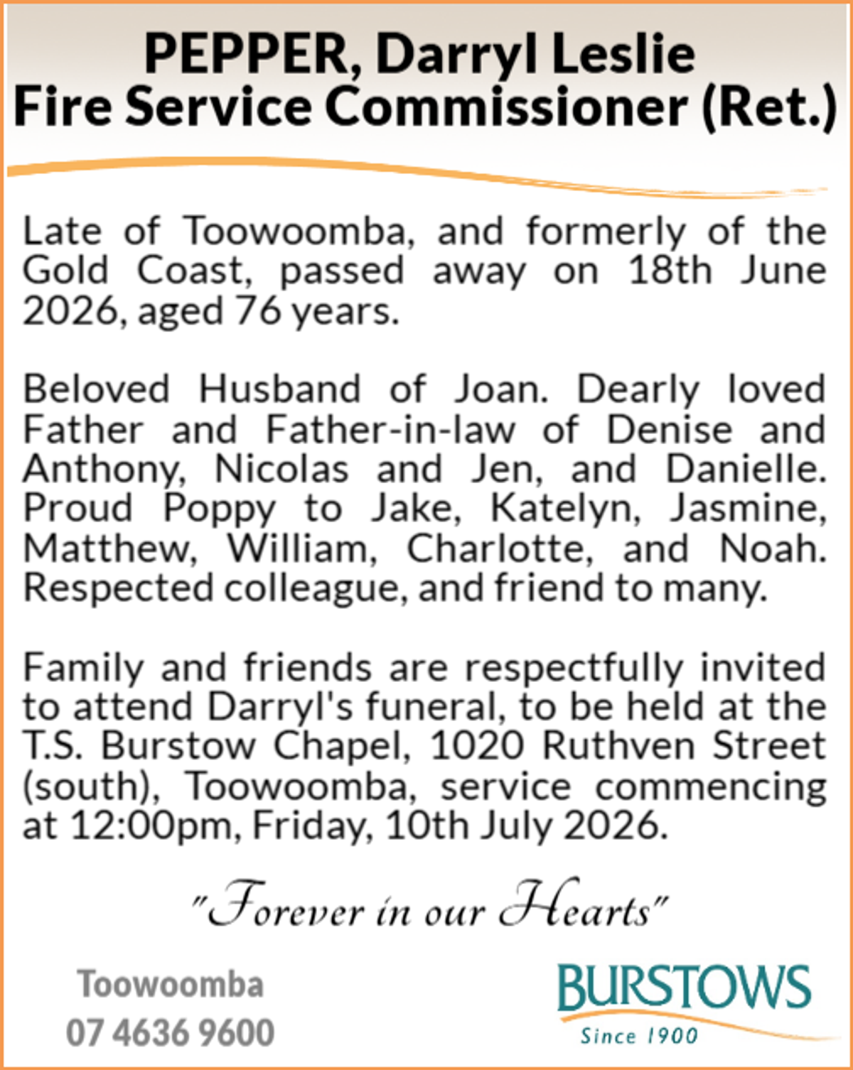 Funeral notice for Darryl Leslie Pepper