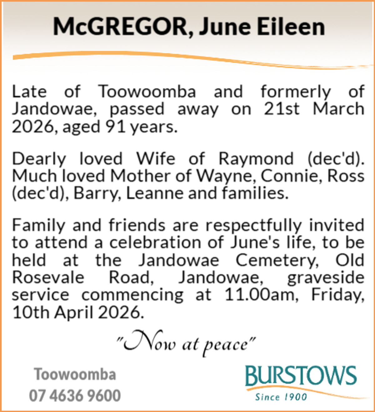 Funeral notice for June Eileen McGregor