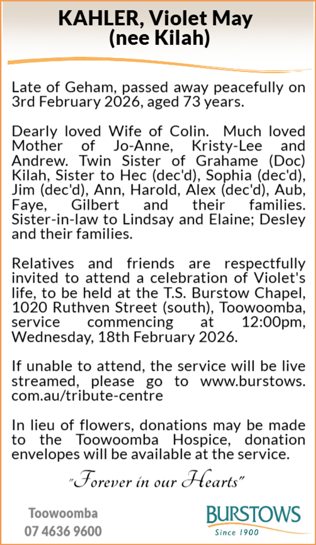 Funeral notice for Violet May Kahler