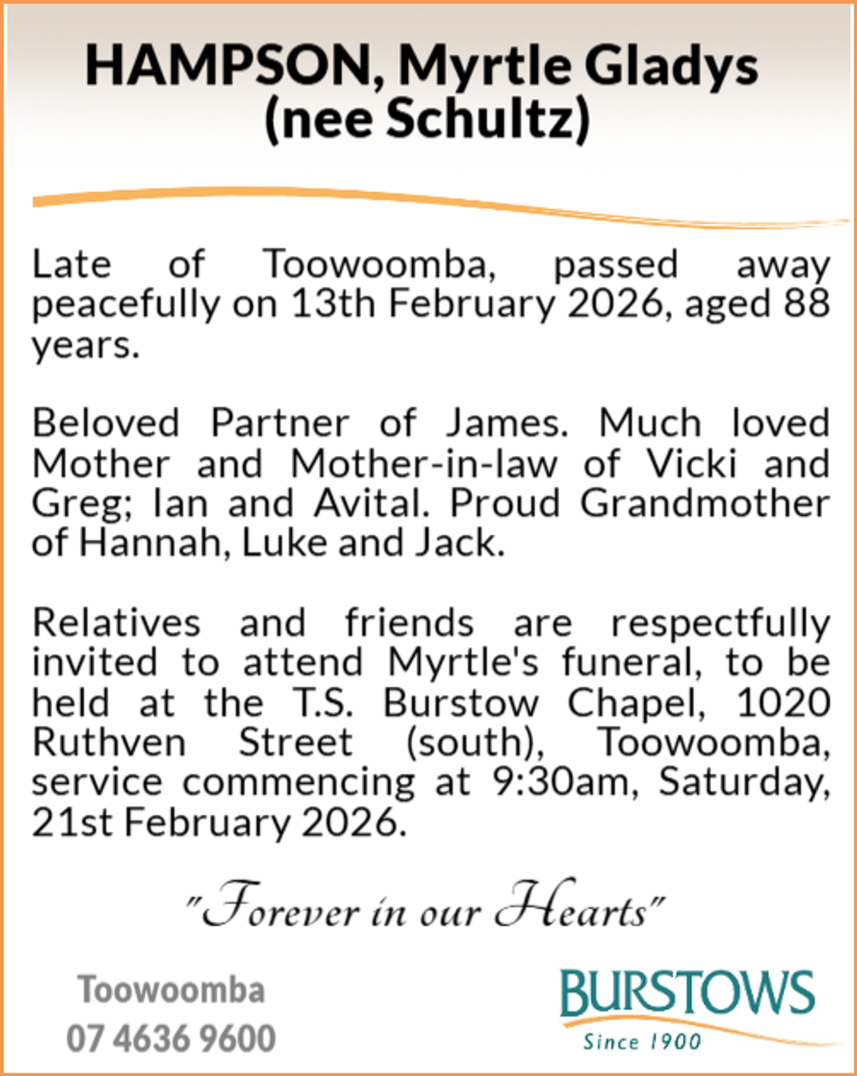 Funeral notice for Myrtle Gladys Hampson