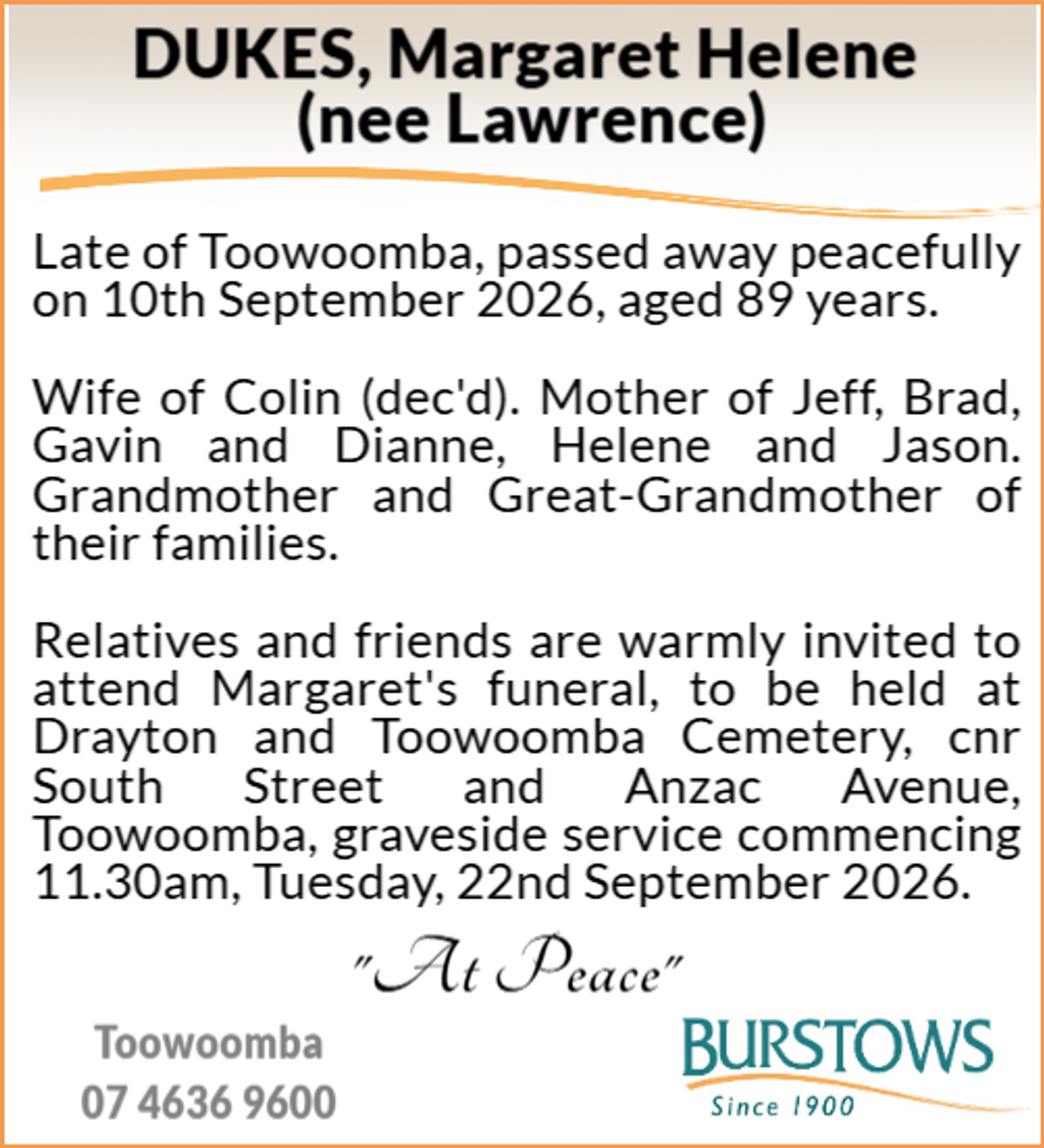 Funeral notice for Margaret Helene Dukes