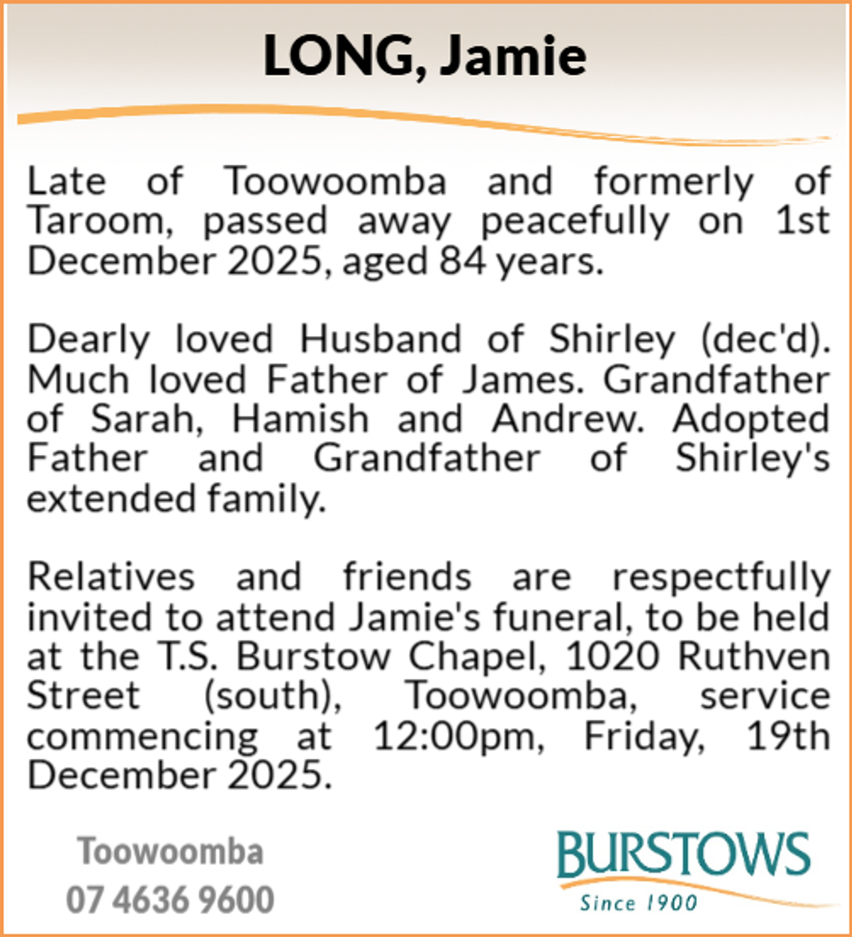 Funeral notice for James George Long